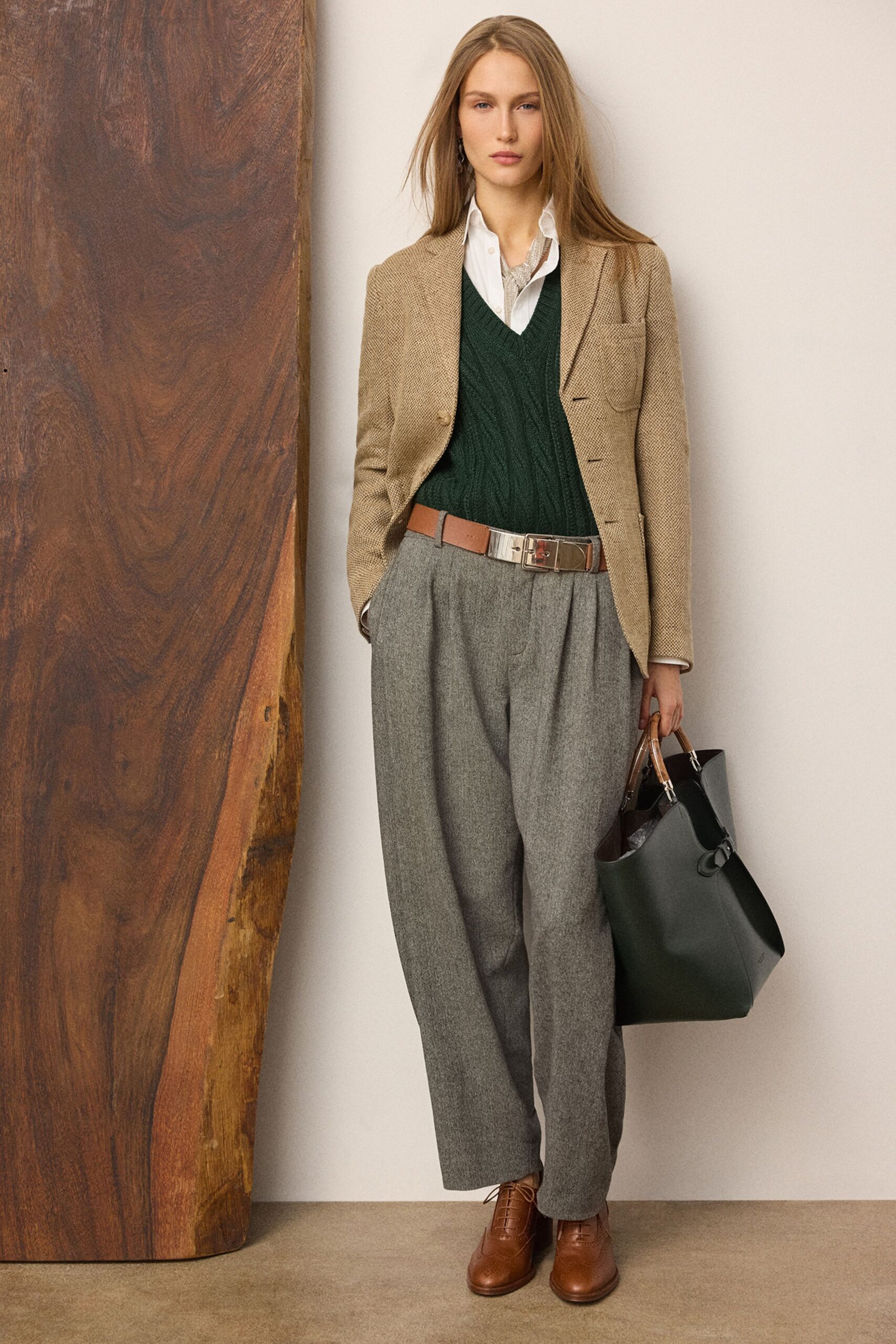 green wool long-sleeve v-neck fitted ribbed sweater