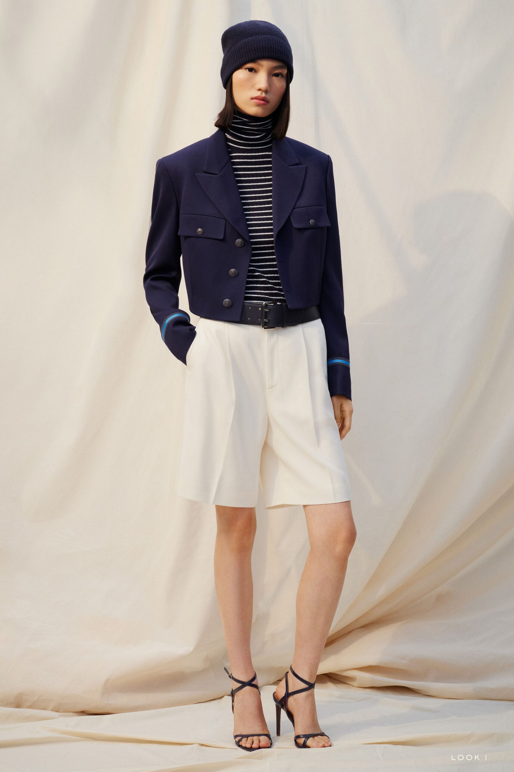 navy jacket with striped top