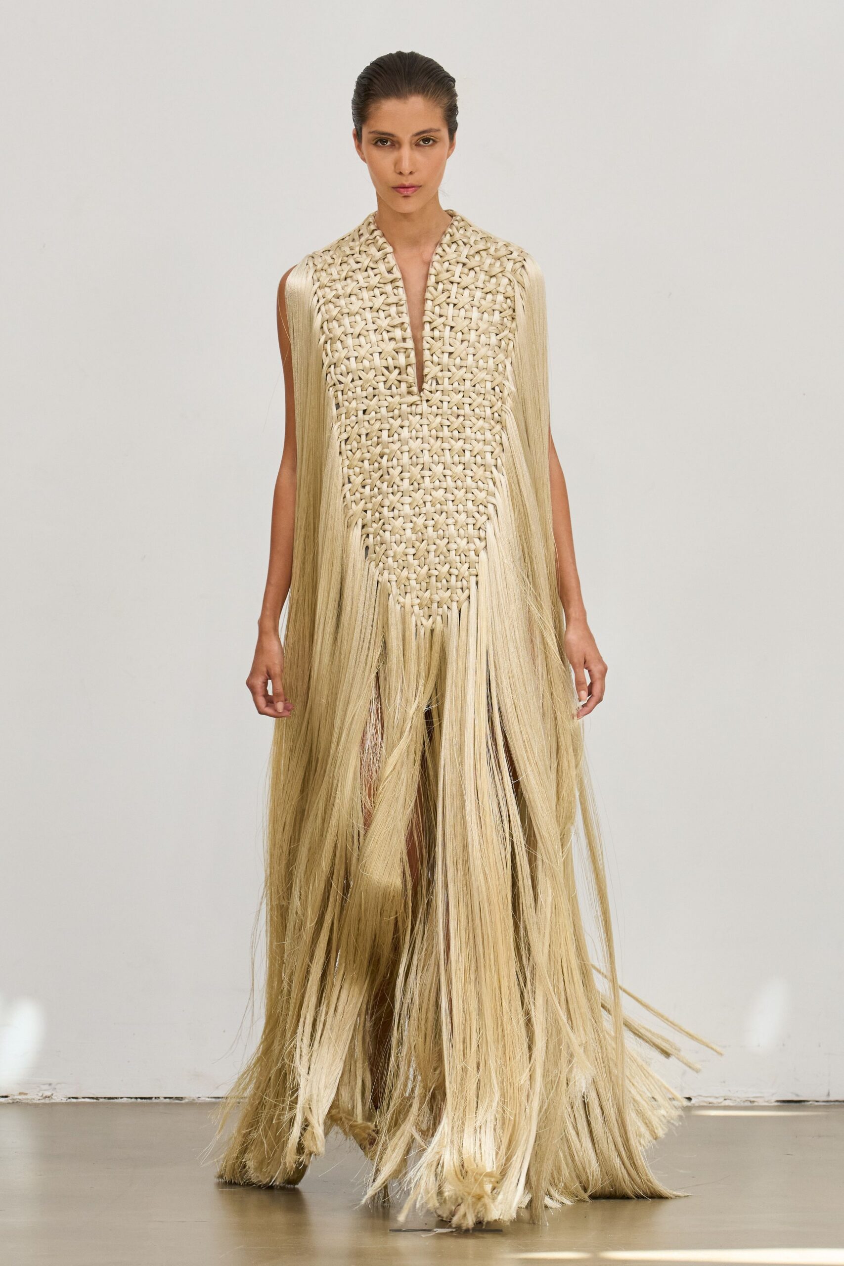 beige fringed maxi dress