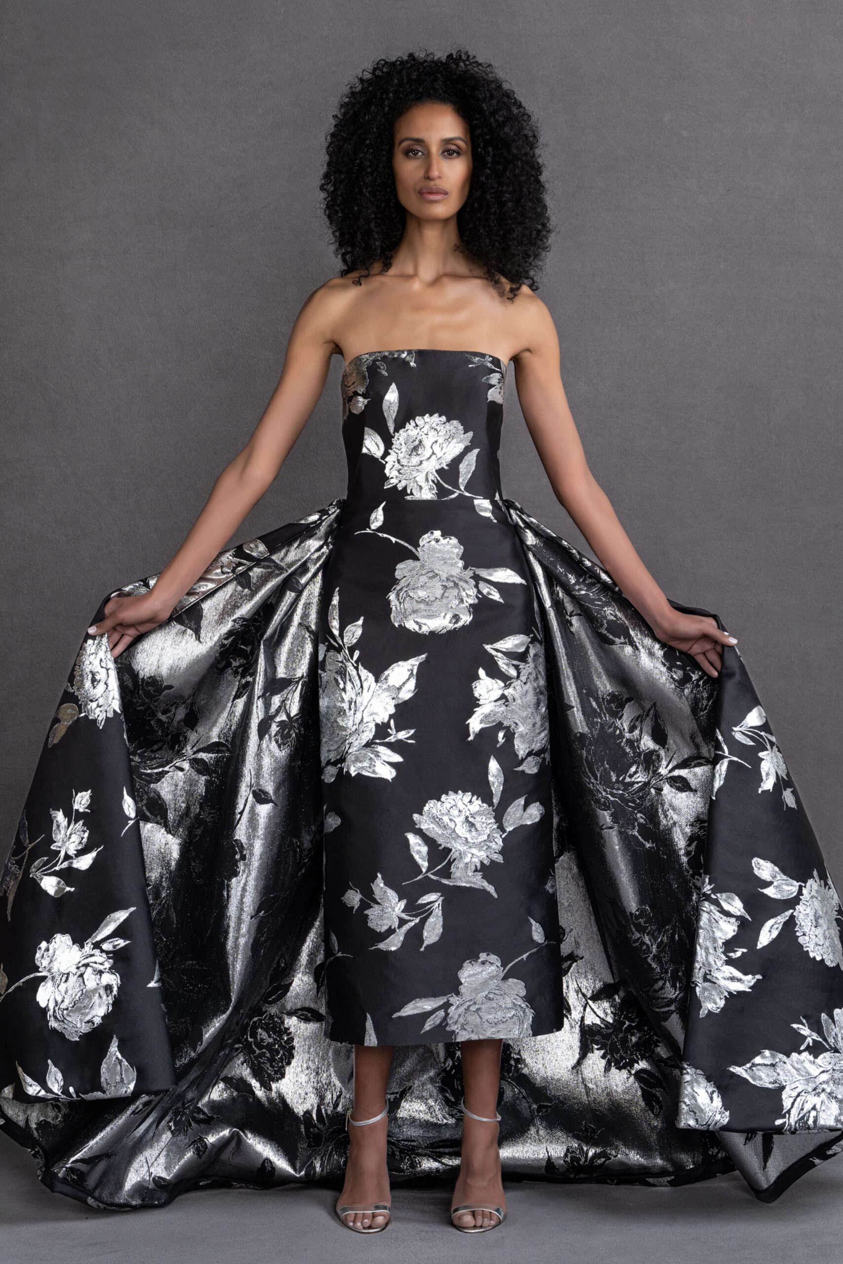 black floral strapless gown