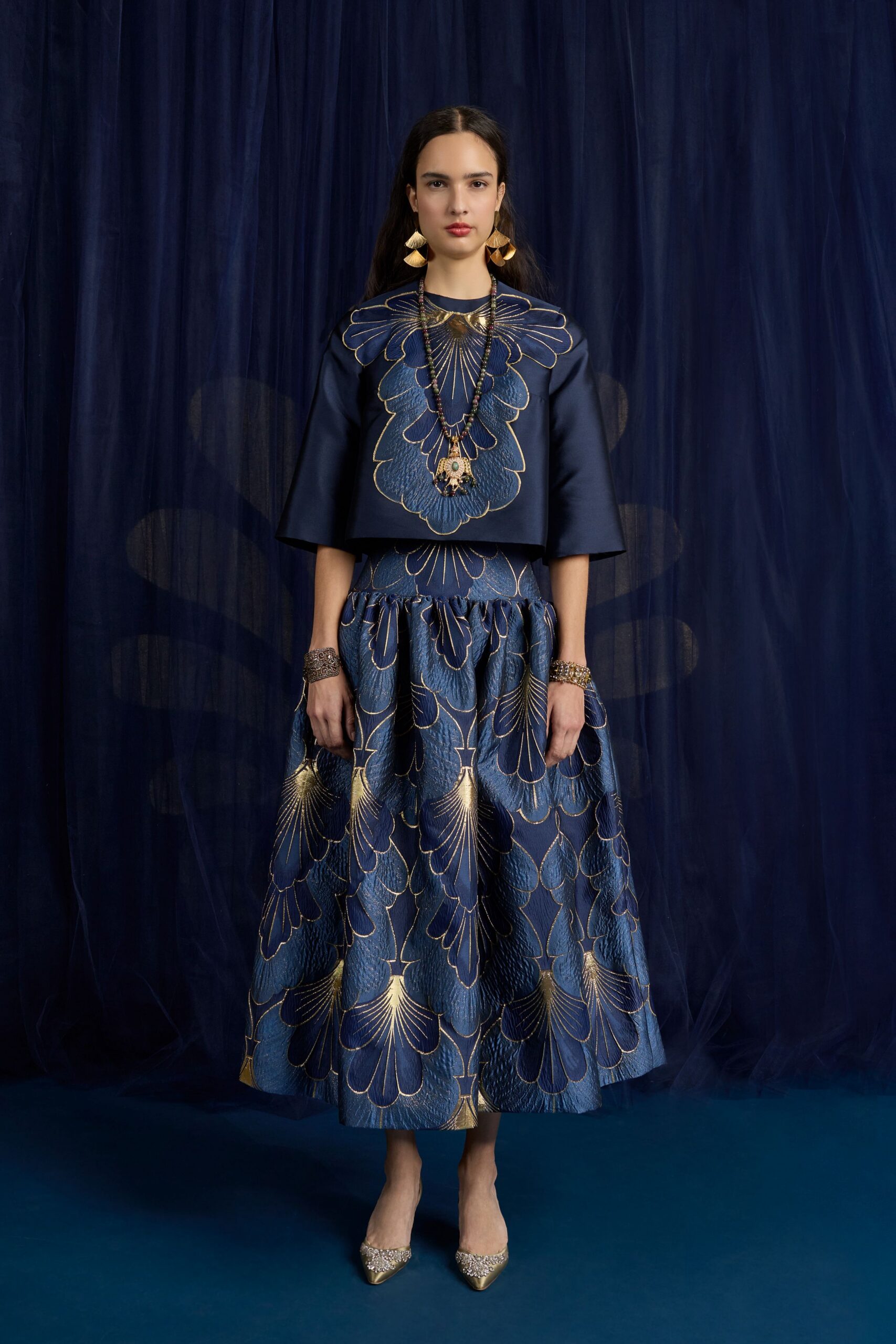 blue embroidered top and skirt