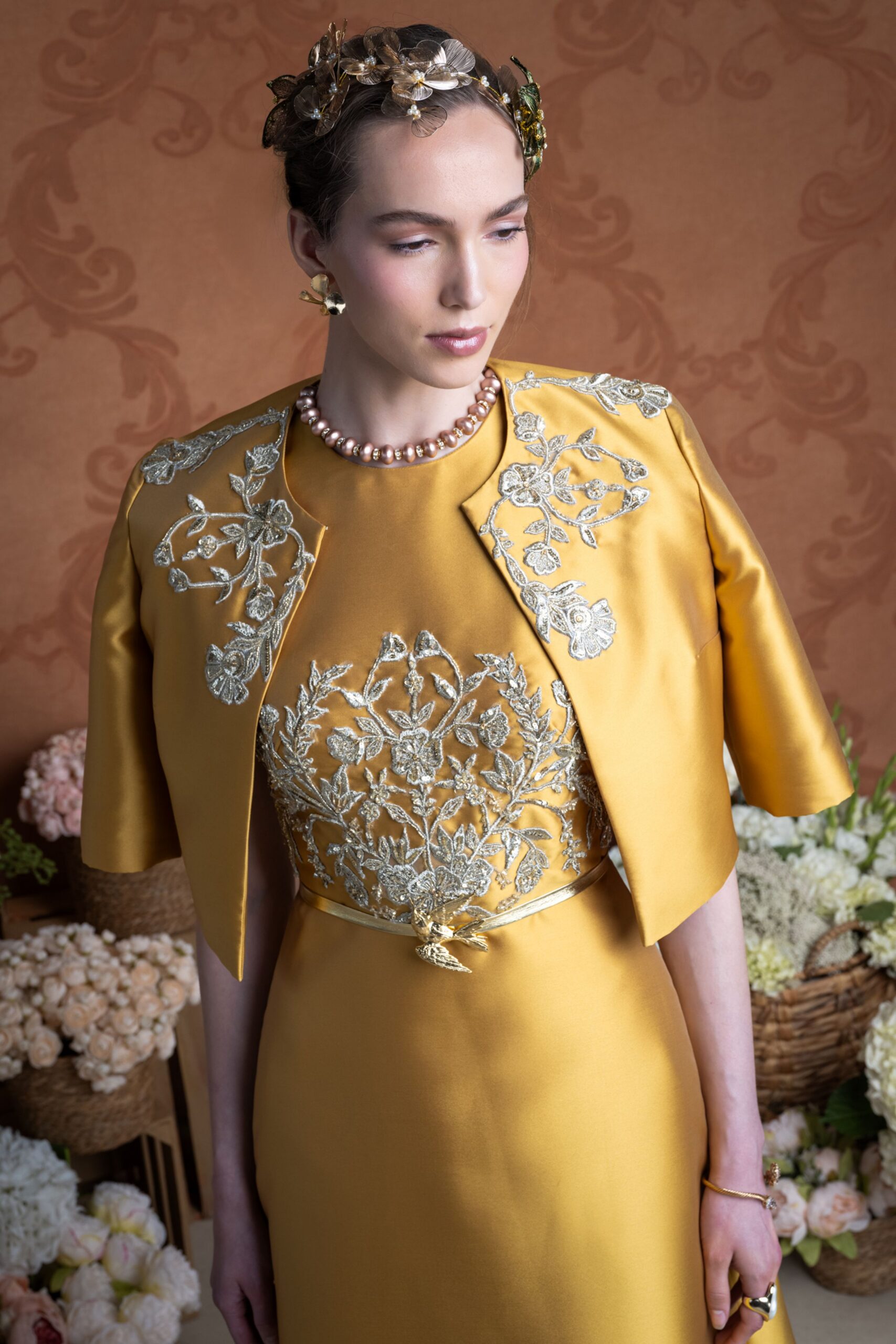yellow silk short-sleeve high-neck fitted embroidered maxi gown