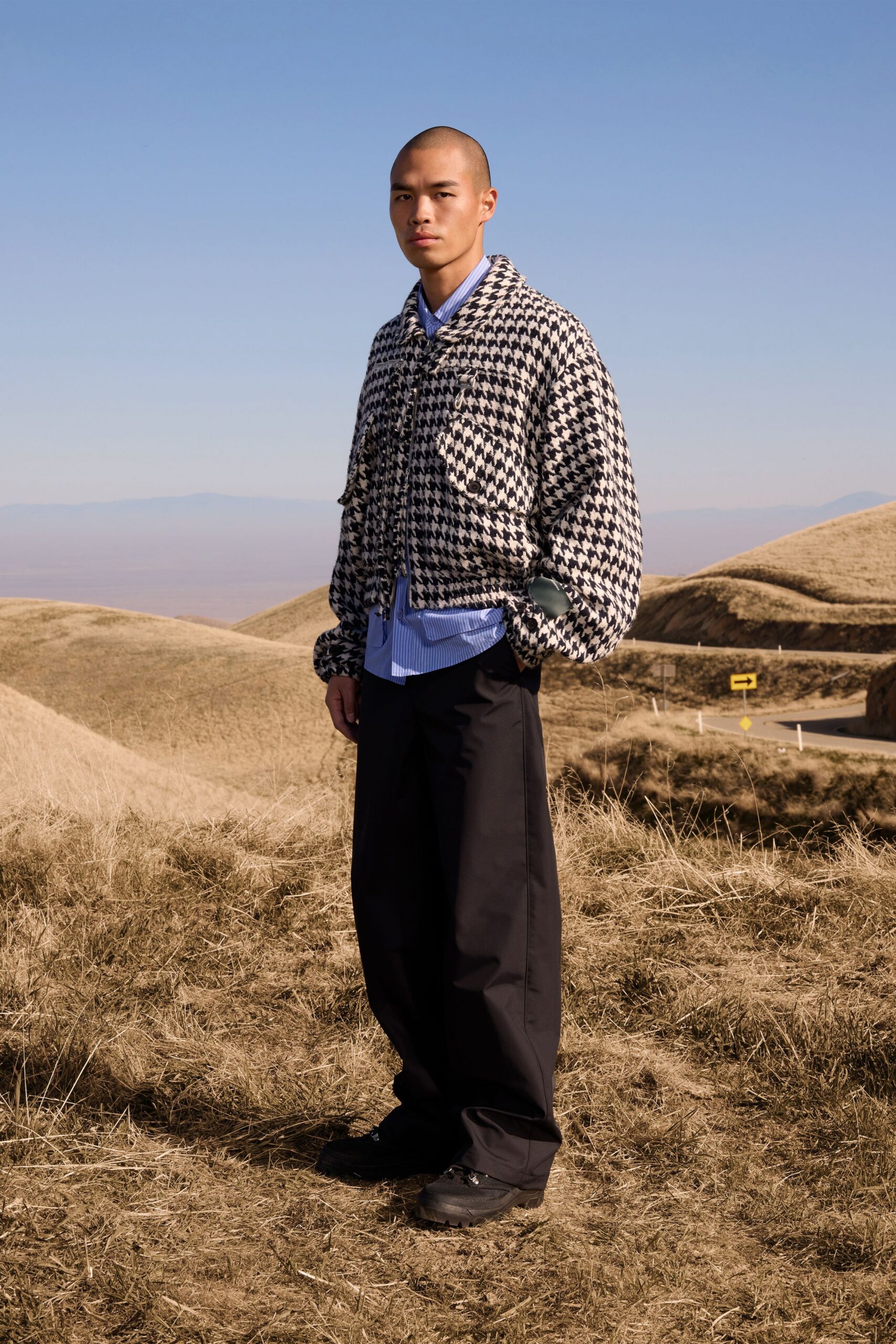 black cotton long-sleeve collared relaxed checked jacket