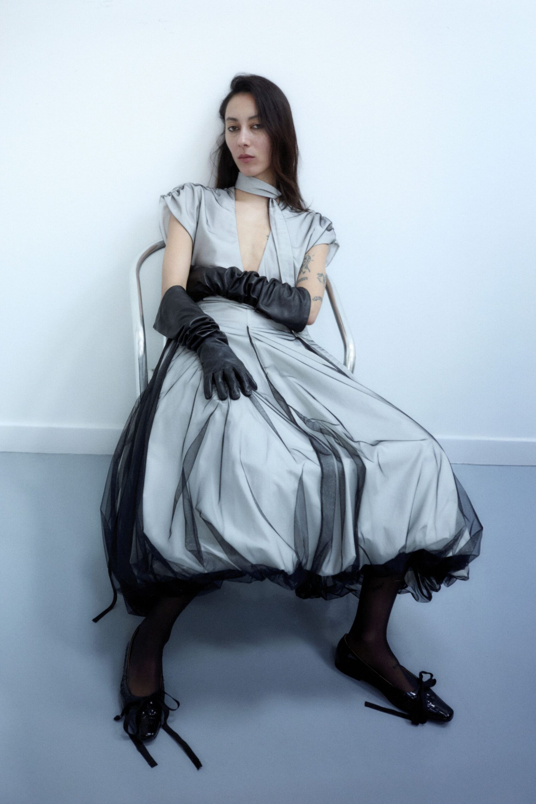 gray black pleated midi dress