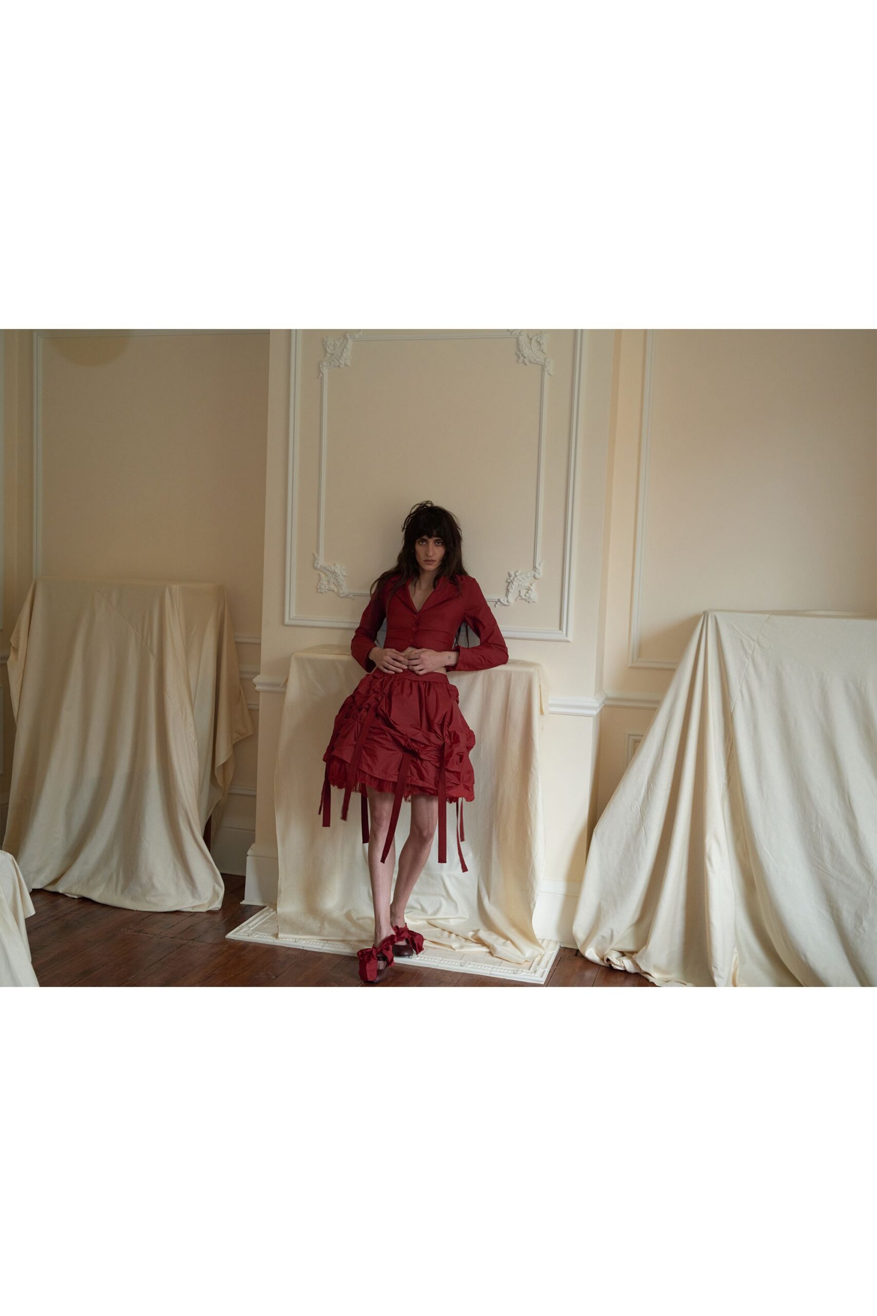red cotton long-sleeve v-neck fitted pleated ruffled dress
