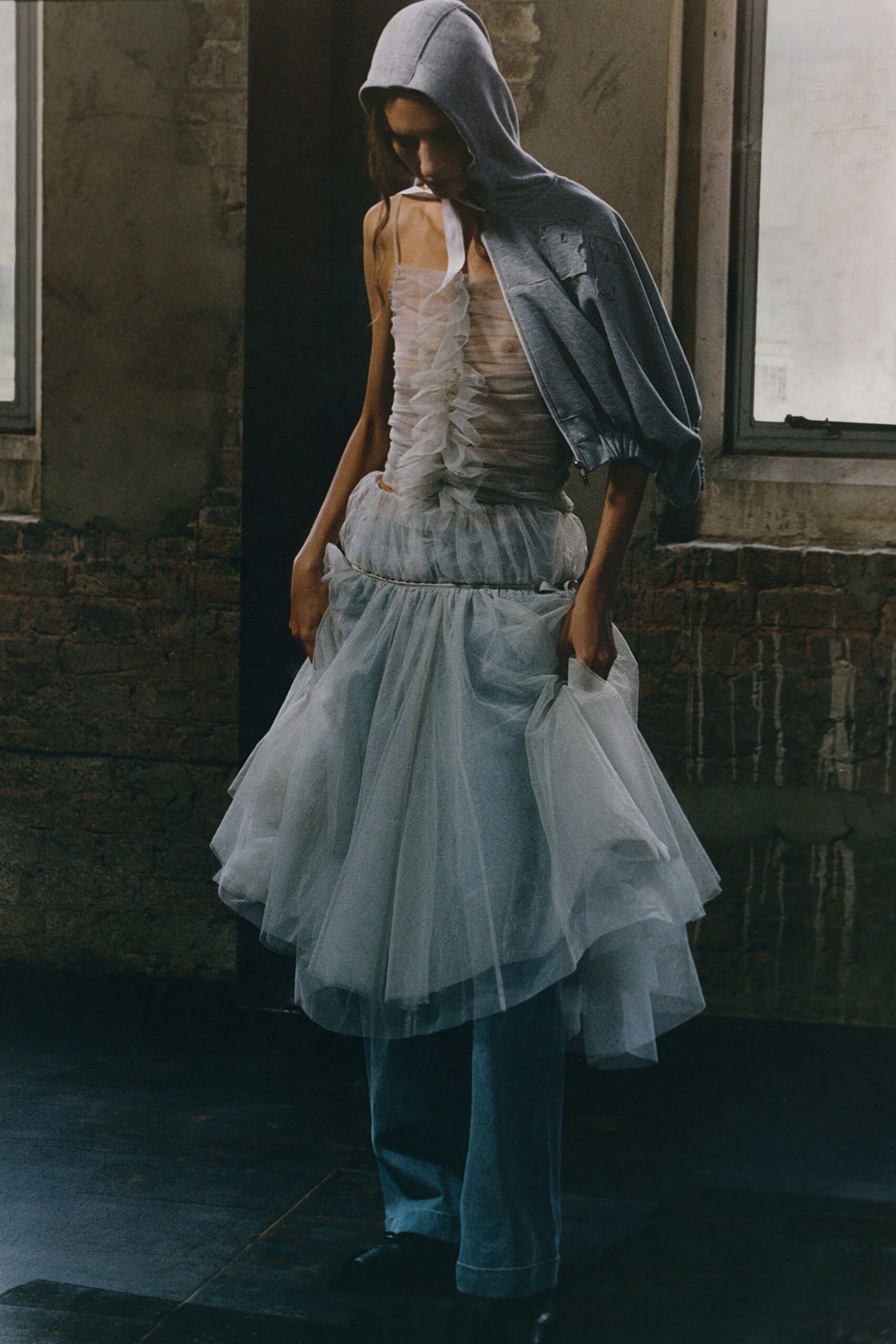 white tulle sleeveless v-neck fitted ruffled tiered dress