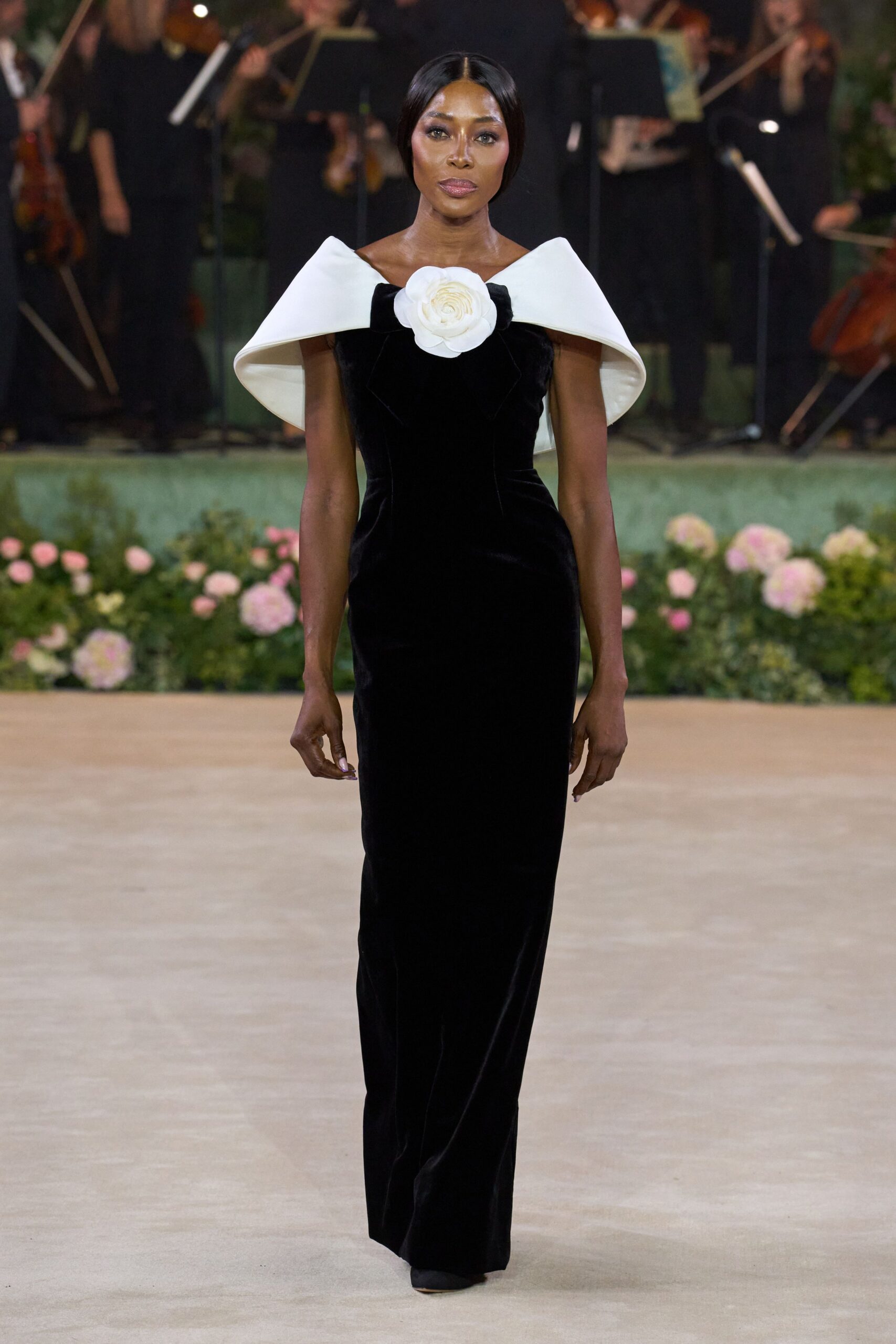 black velvet long-sleeve off-shoulder fitted pleated maxi gown