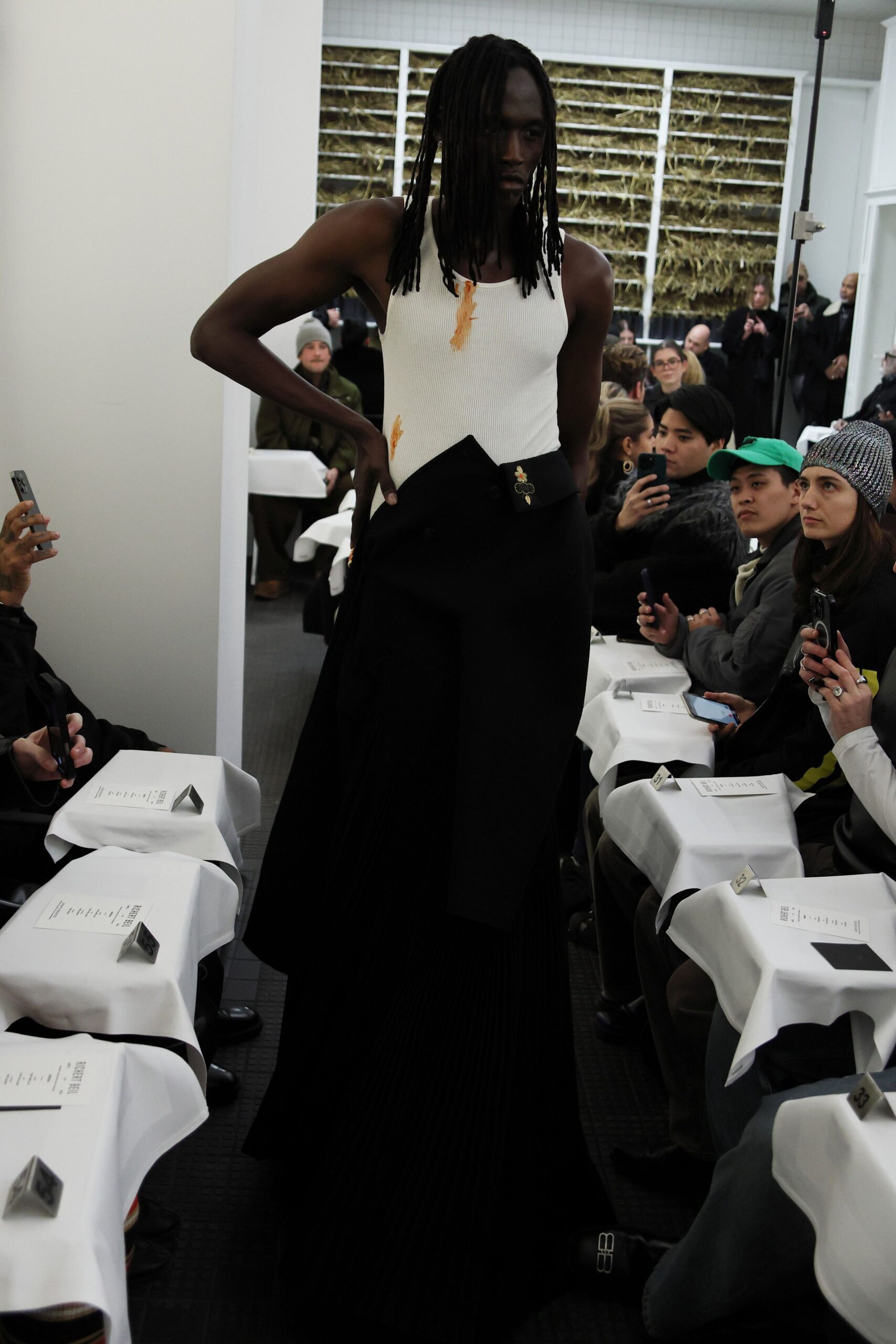 white and black pleated maxi dress