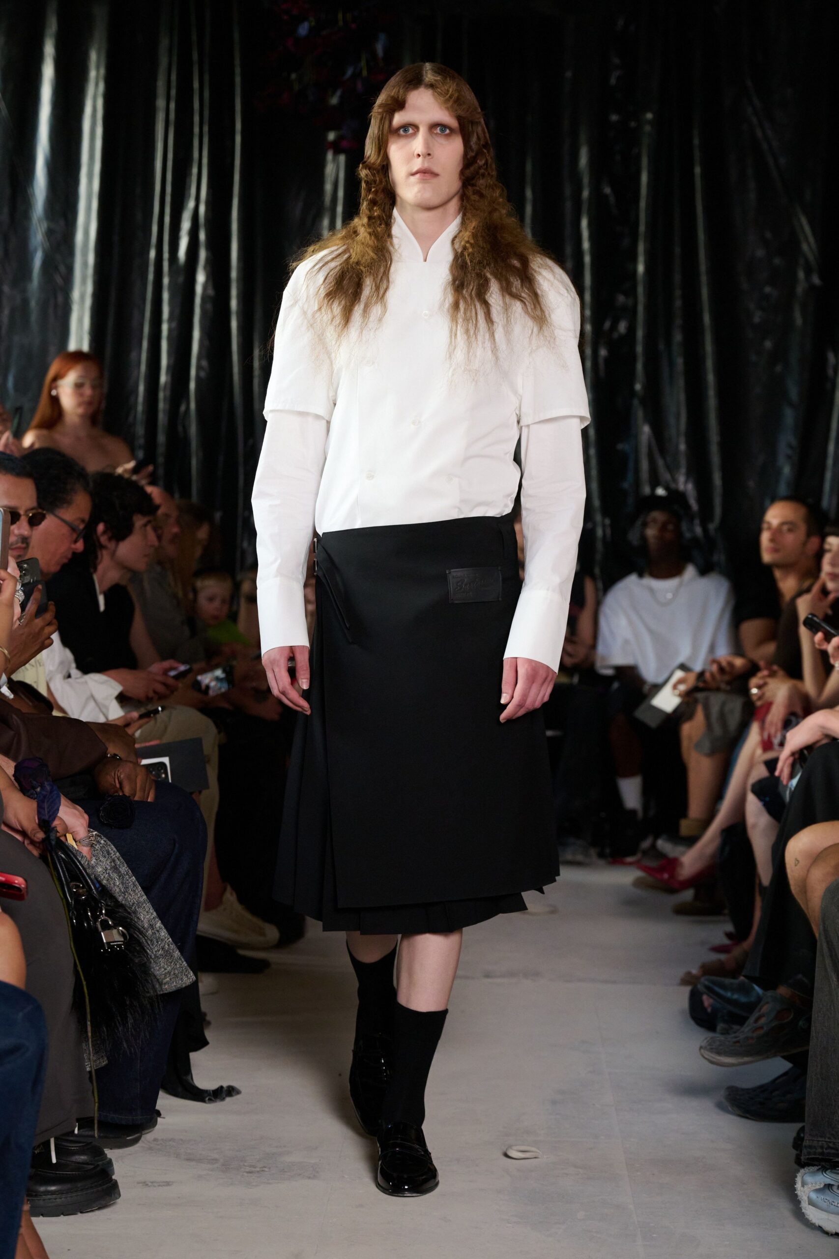white fitted shirt black pleated skirt