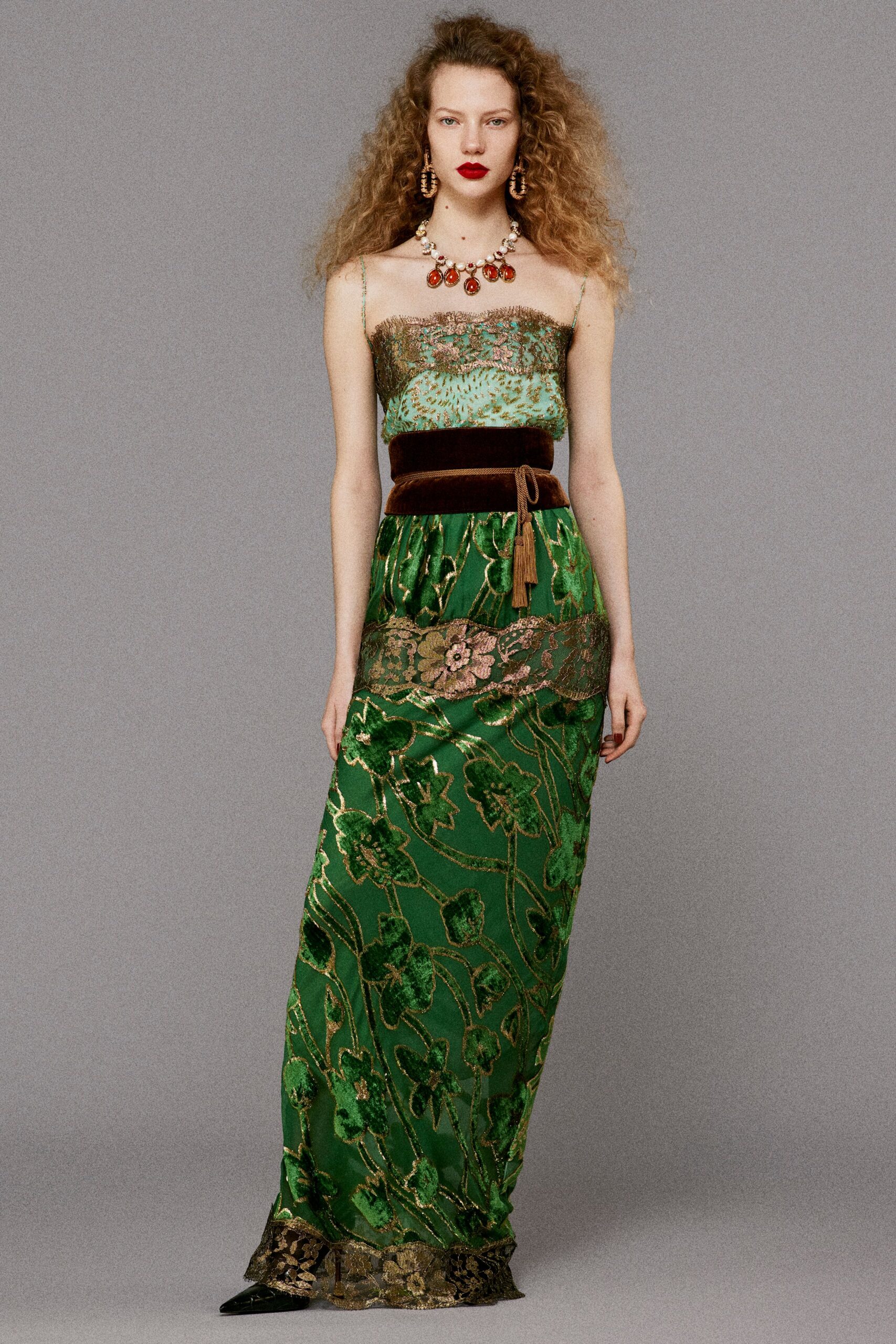 green silk embroidered gown