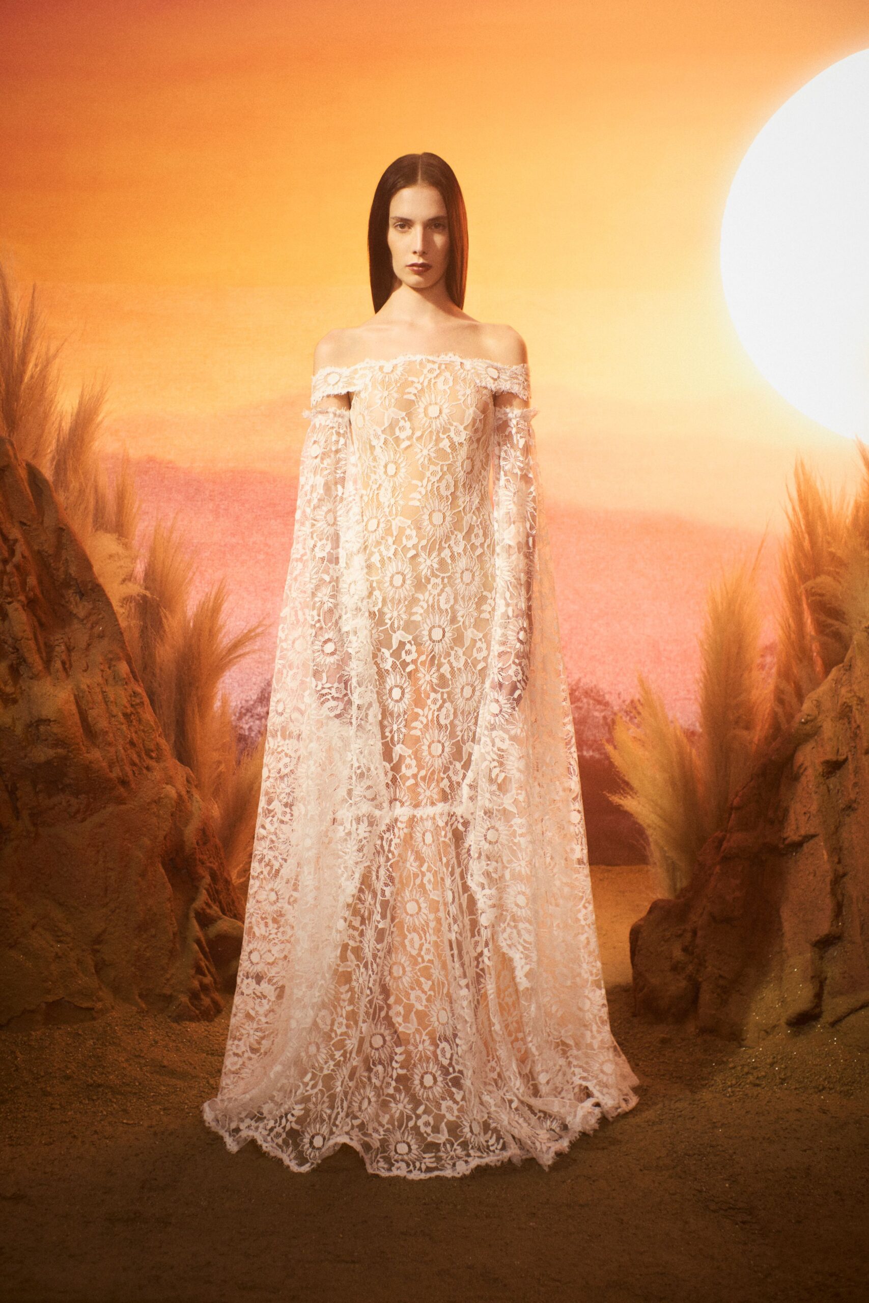 white lace off-shoulder gown