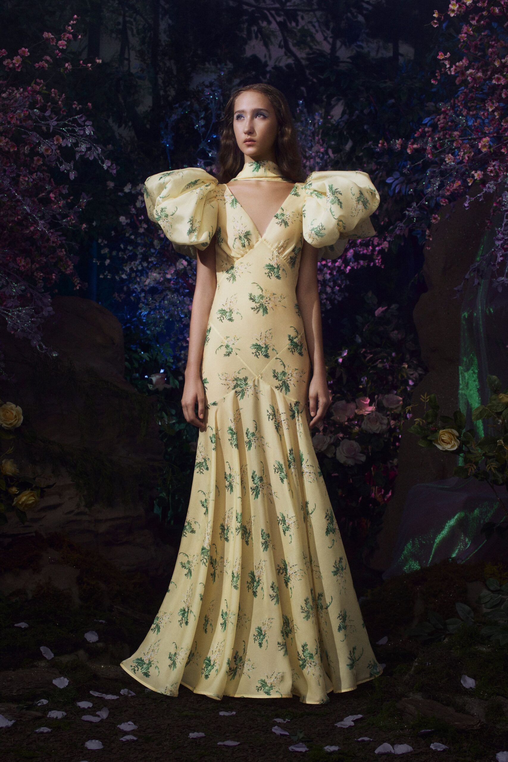 yellow floral fitted gown