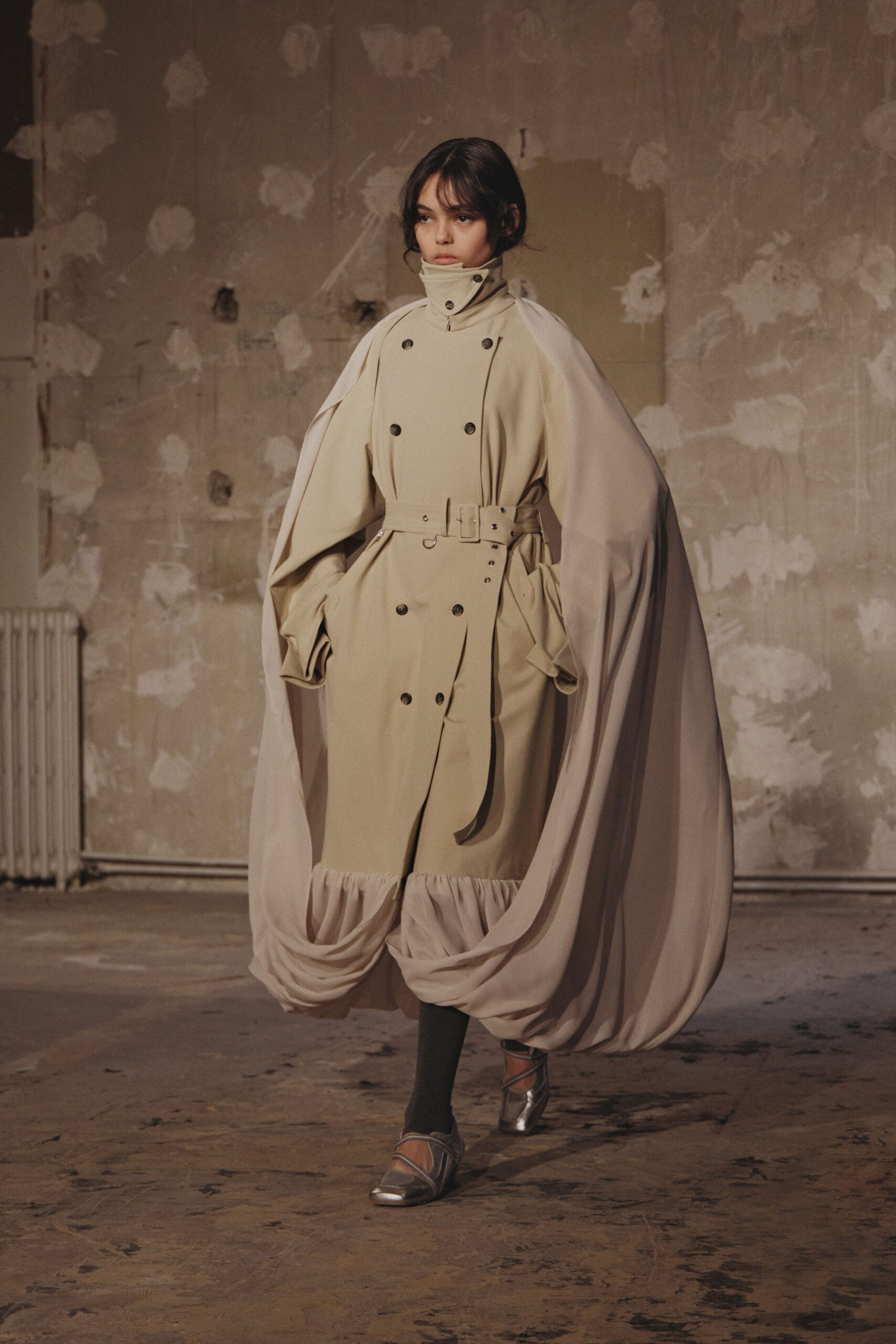 beige cotton long-sleeve collared relaxed belted draped coat