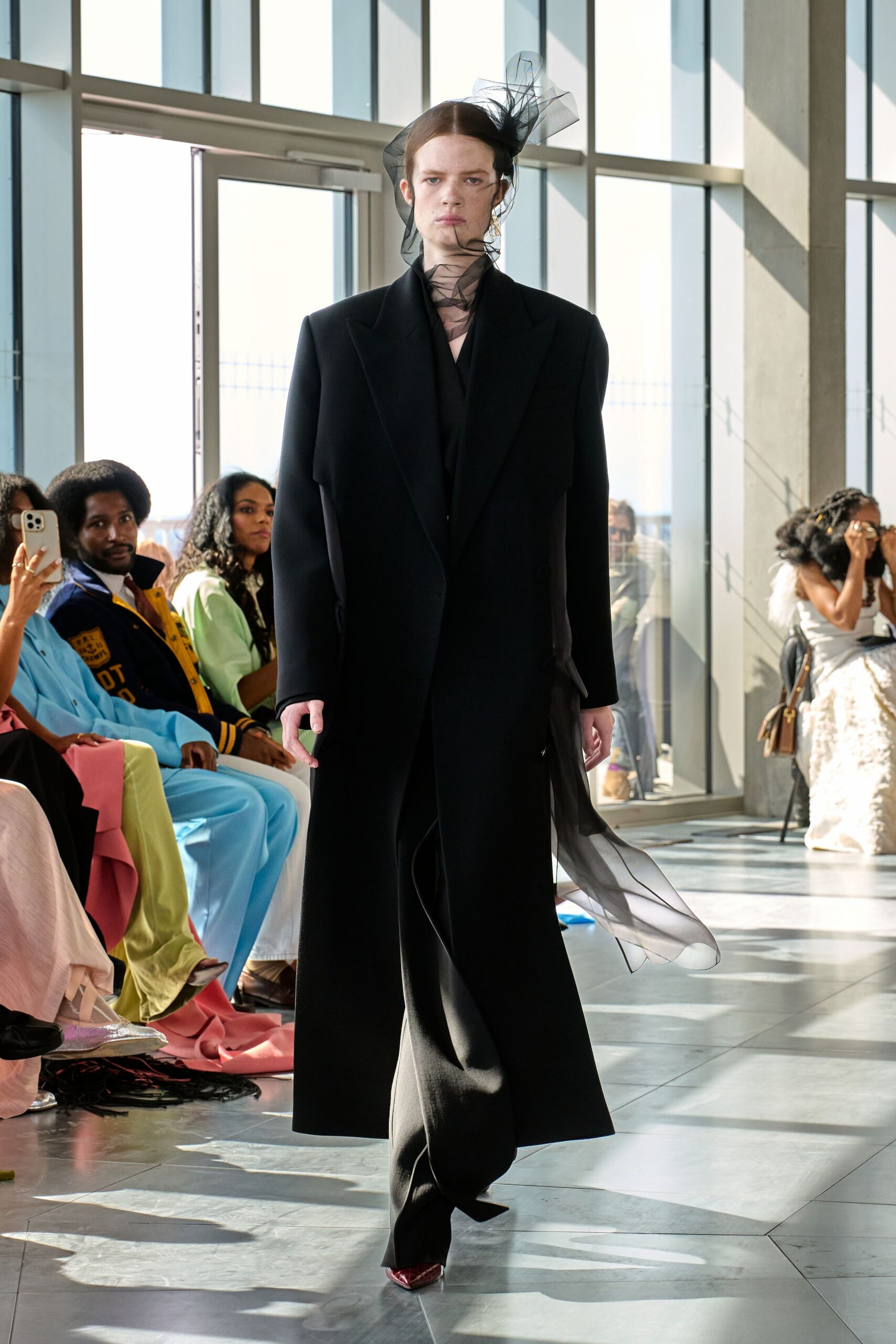 black wool long-sleeve collared relaxed draped maxi coat