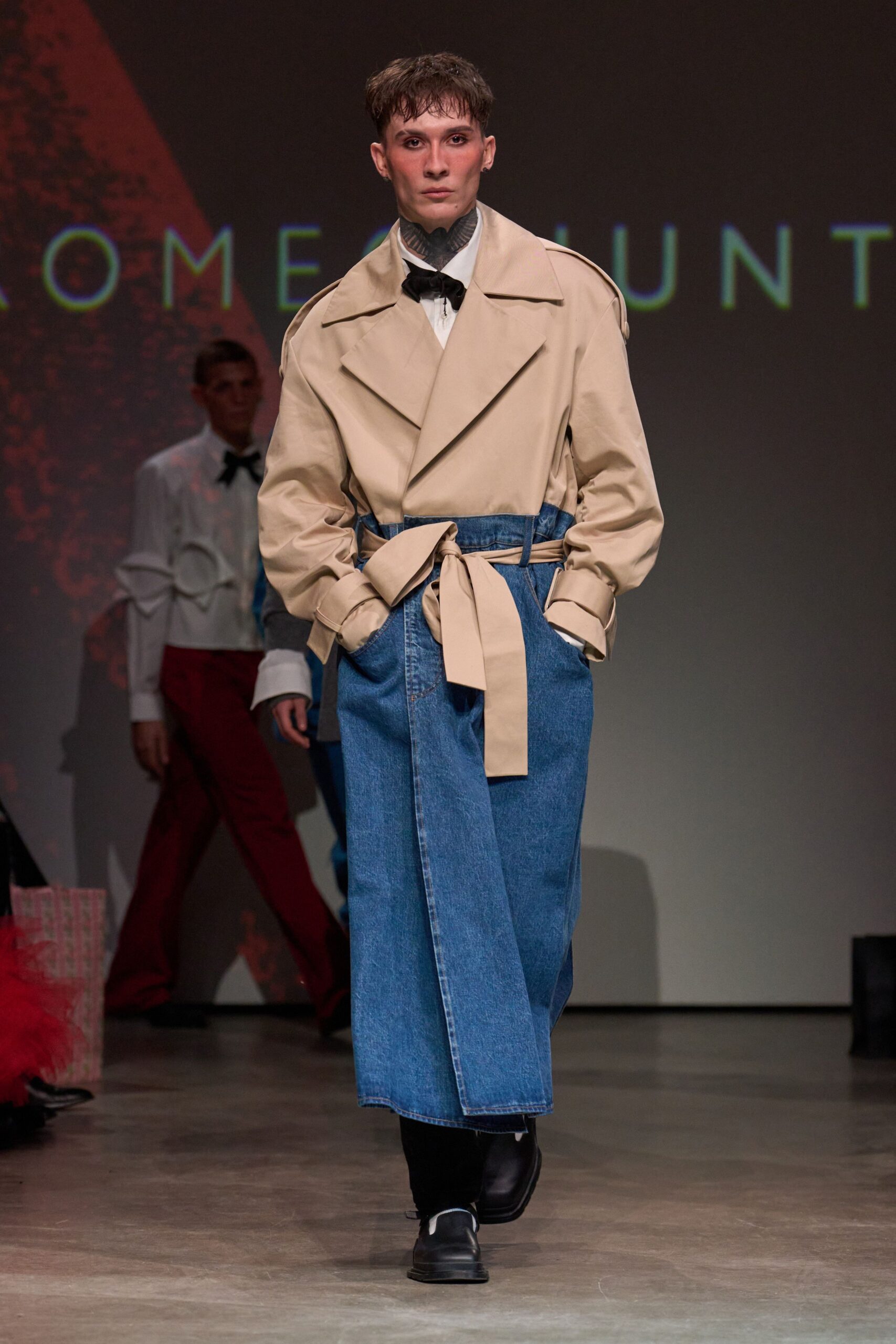 beige trench coat with denim pants