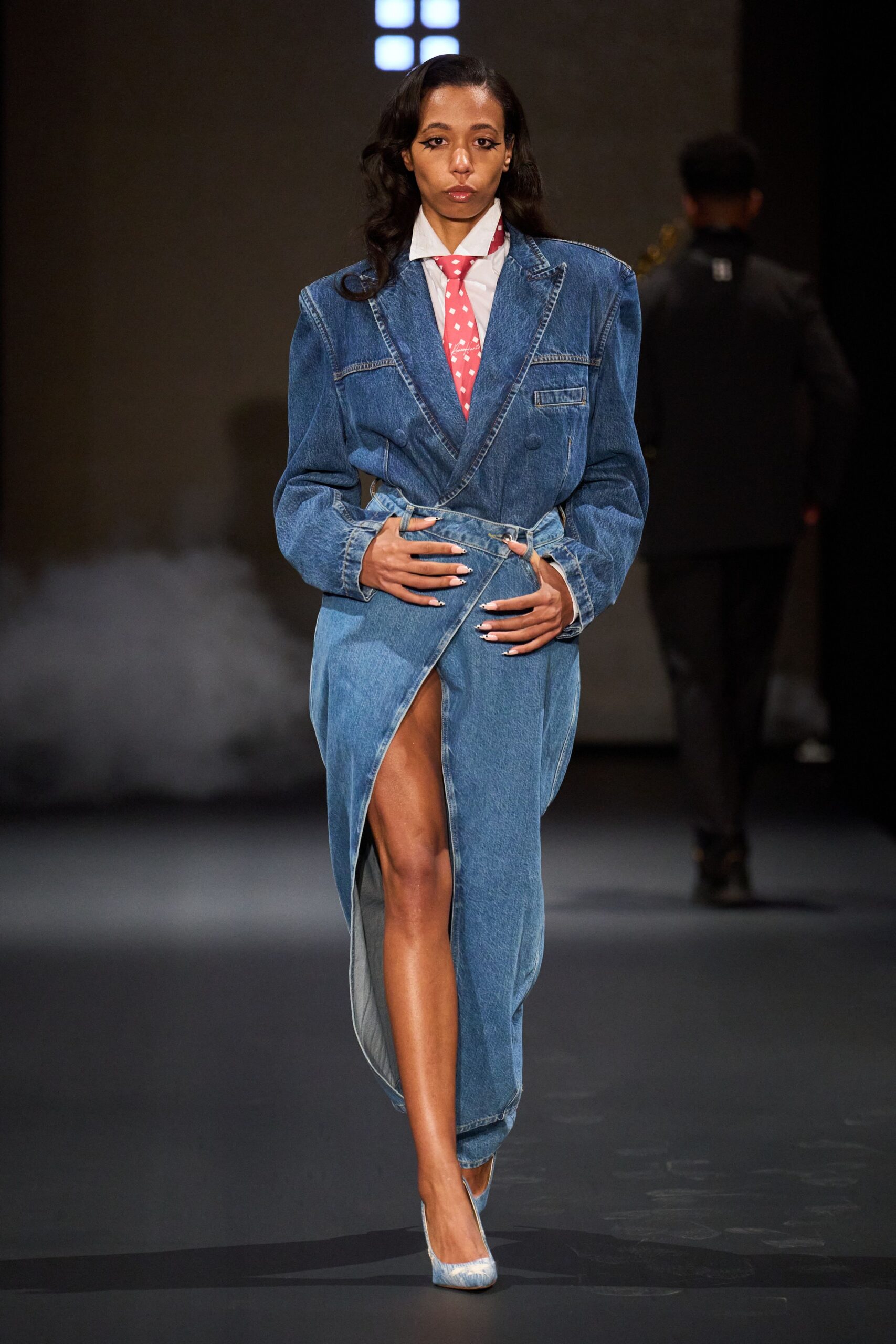 blue denim slit fitted layered skirt