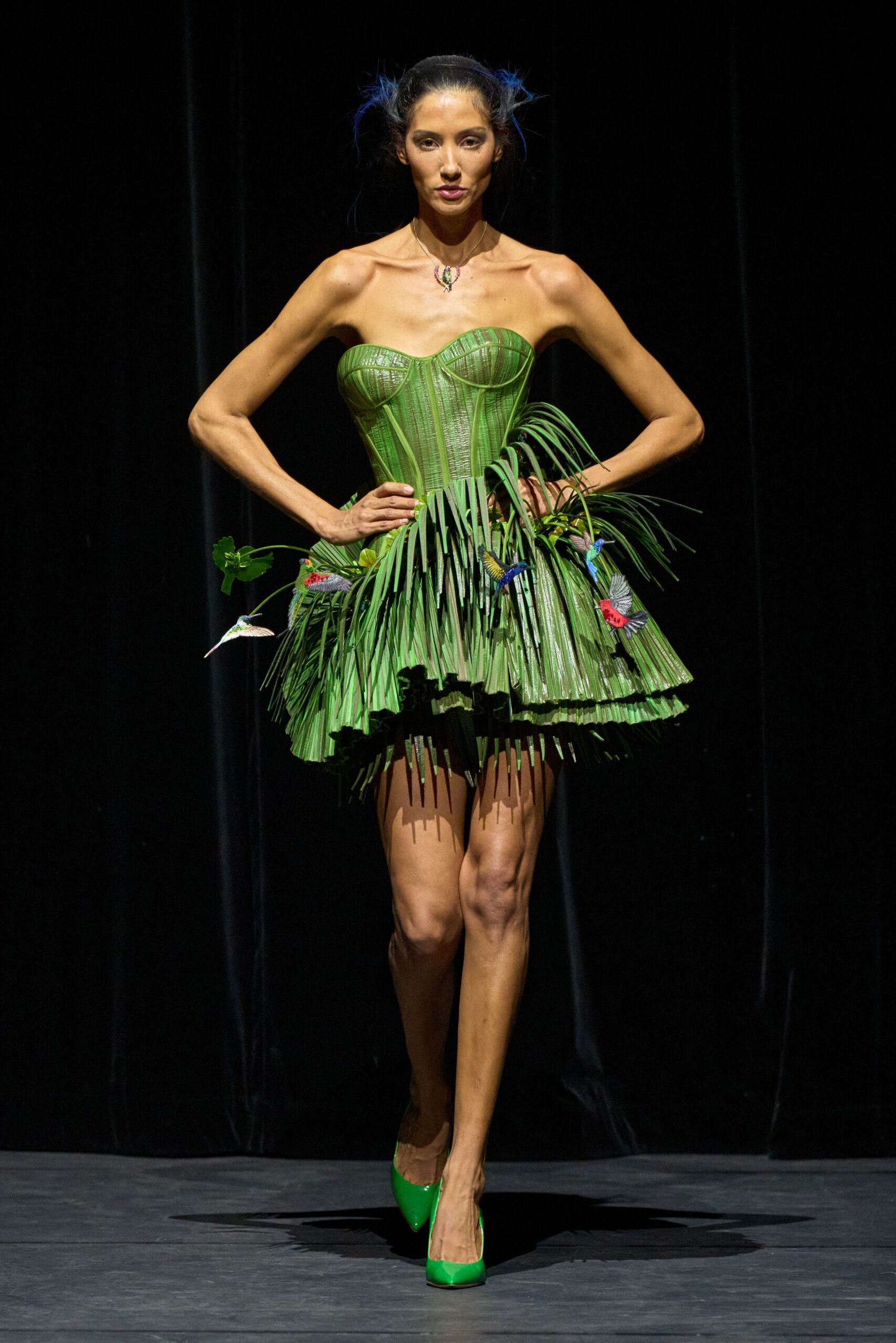 green cotton strapless fitted pleated ruffled mini dress