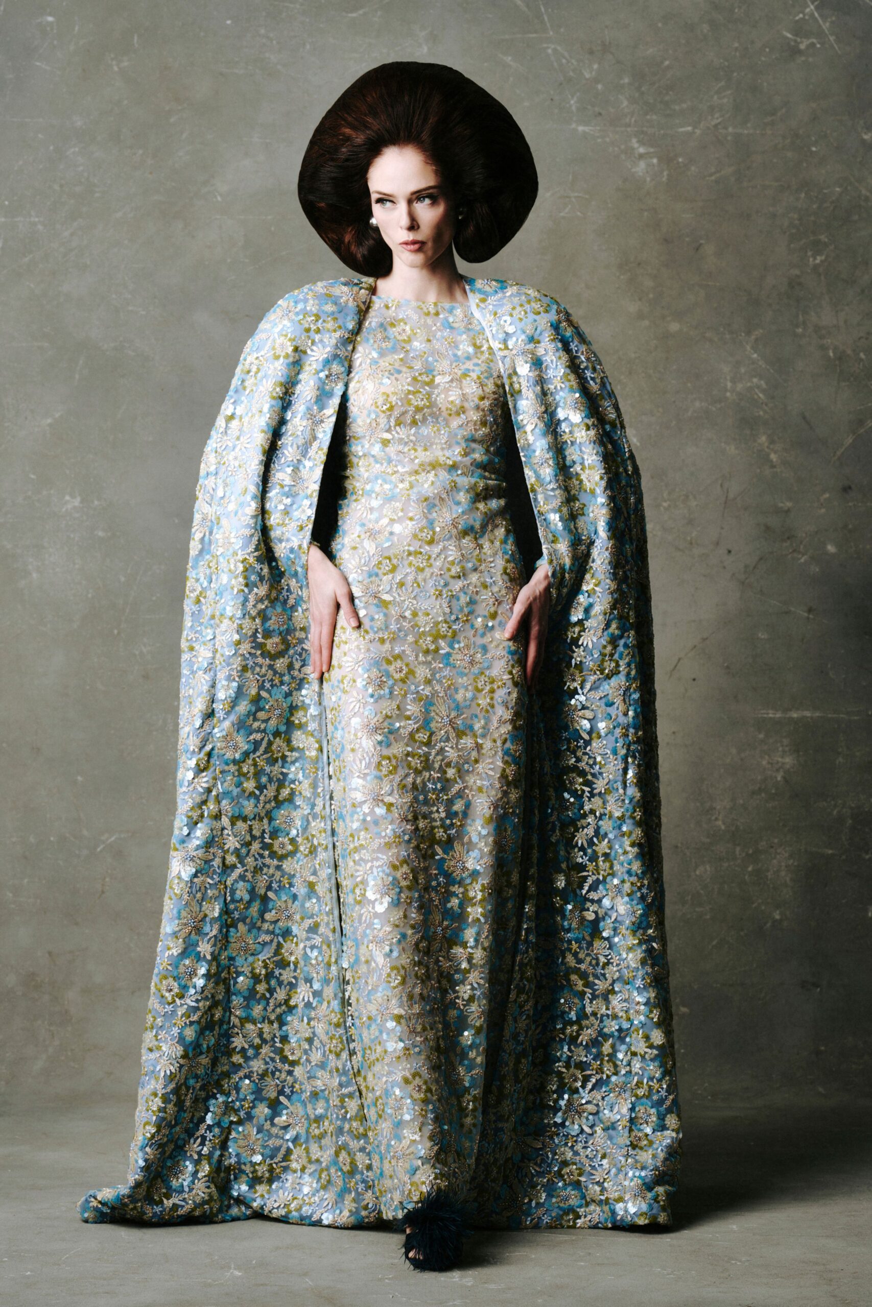 blue silk oversized floral embroidered flowing cape
