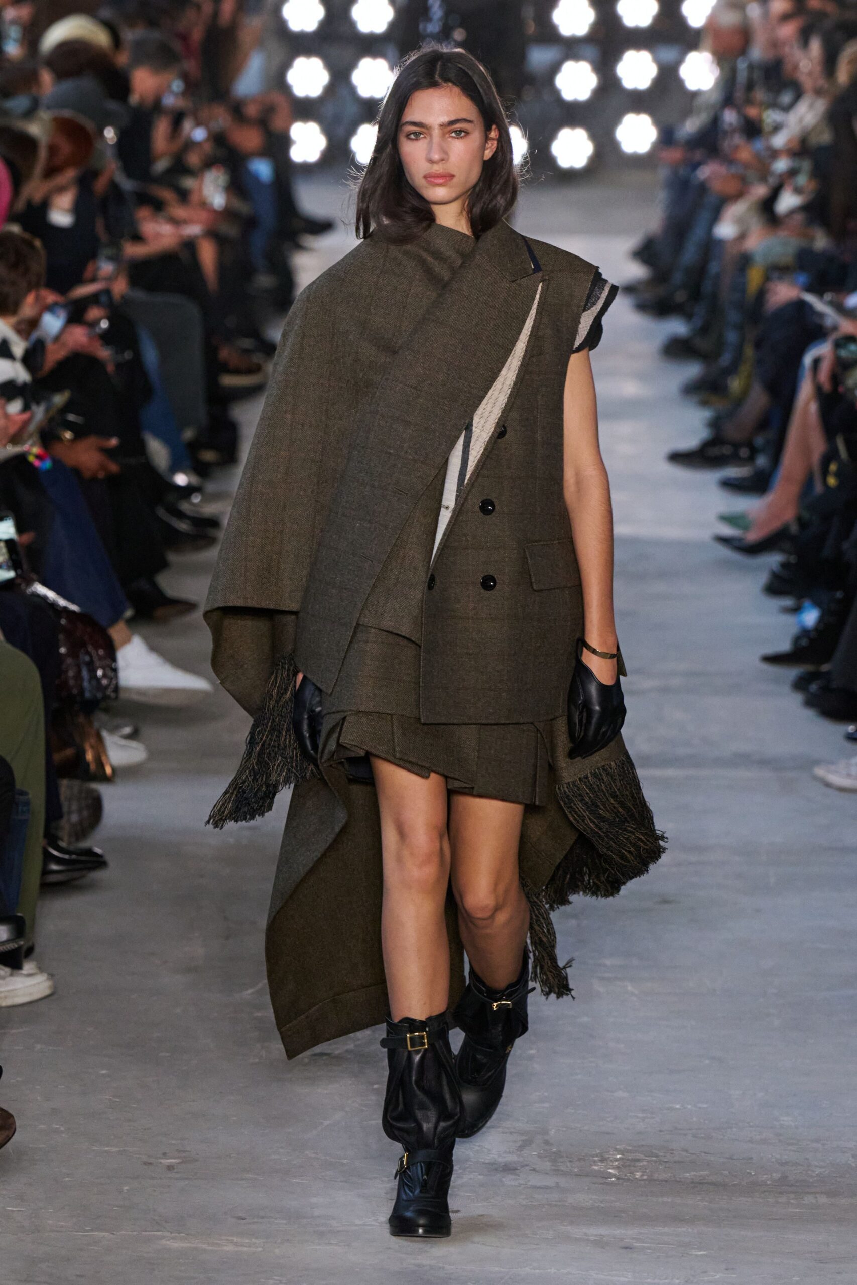 brown wool cape with black blazer