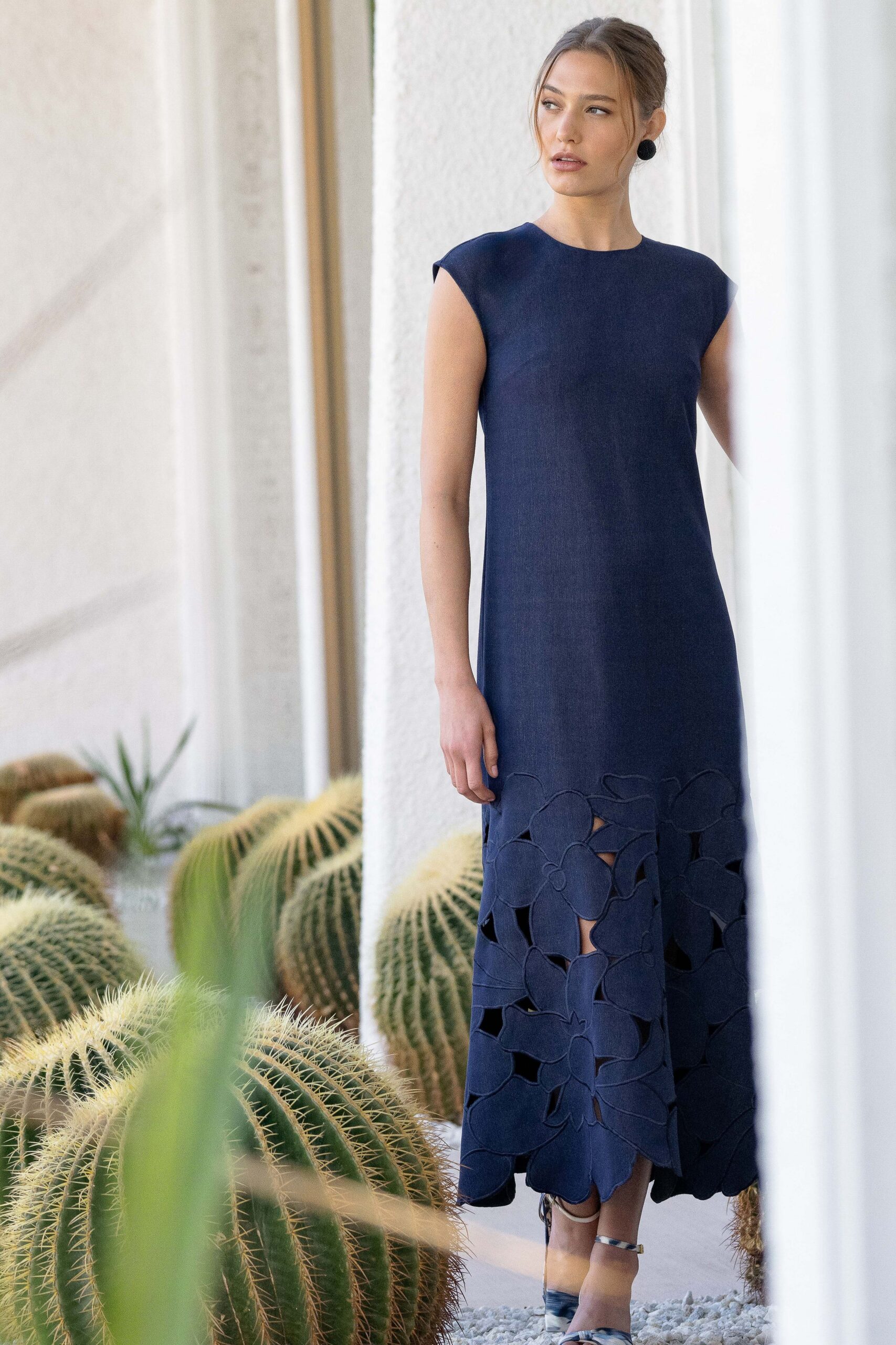 blue cotton short-sleeve high-neck fitted embroidered a-line dress