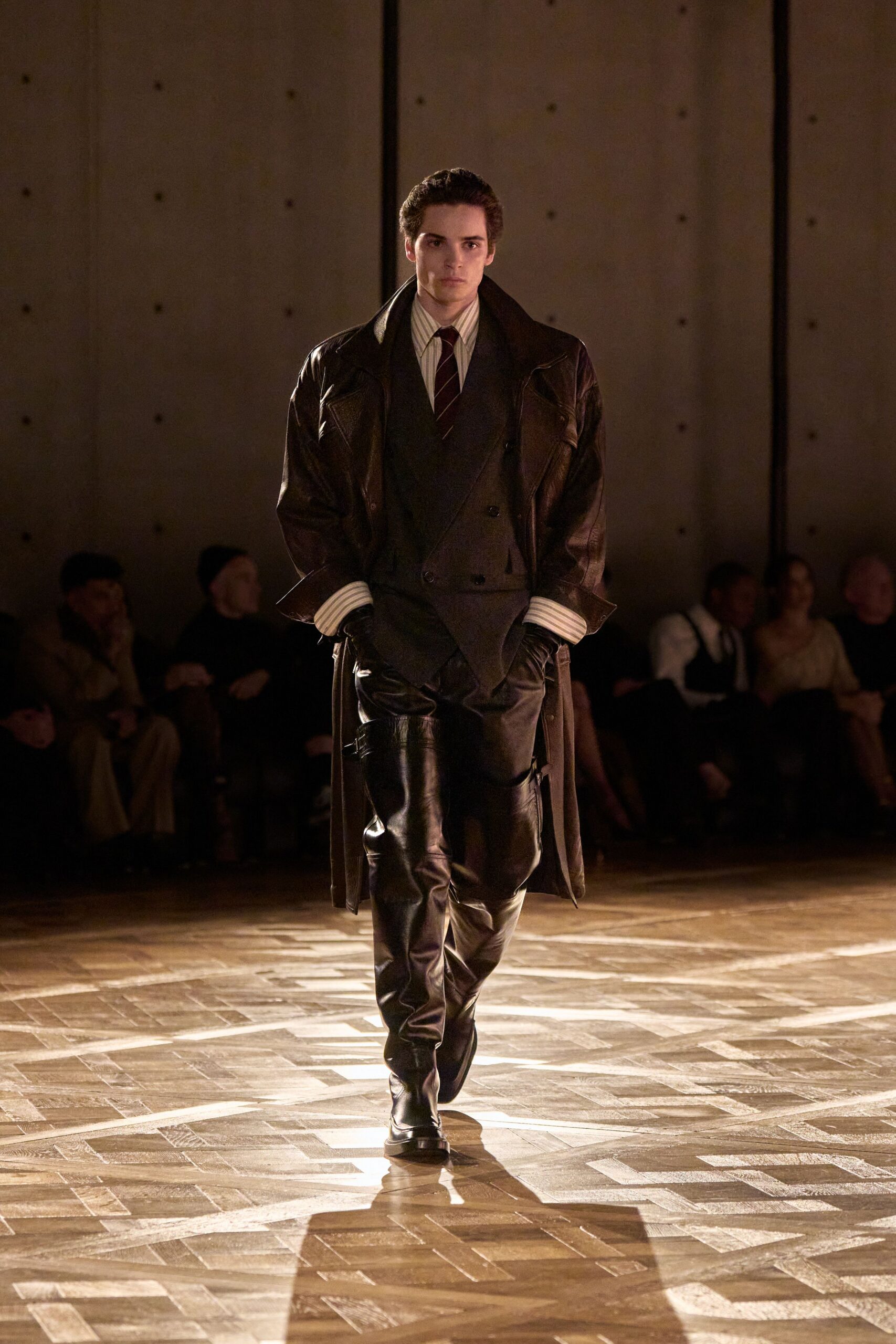 brown leather long-sleeve collared oversized buttoned coat