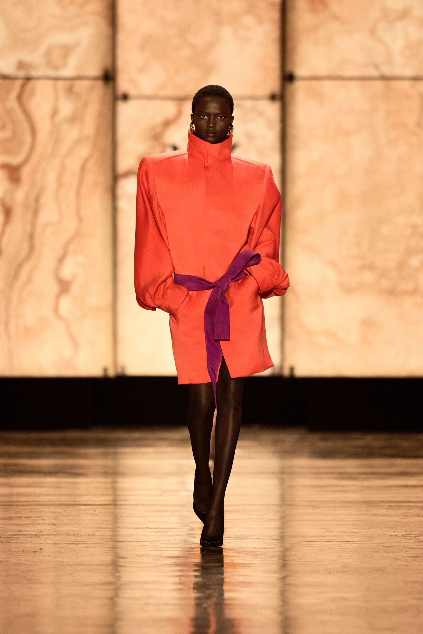 orange cotton long-sleeve collared fitted belted short coat