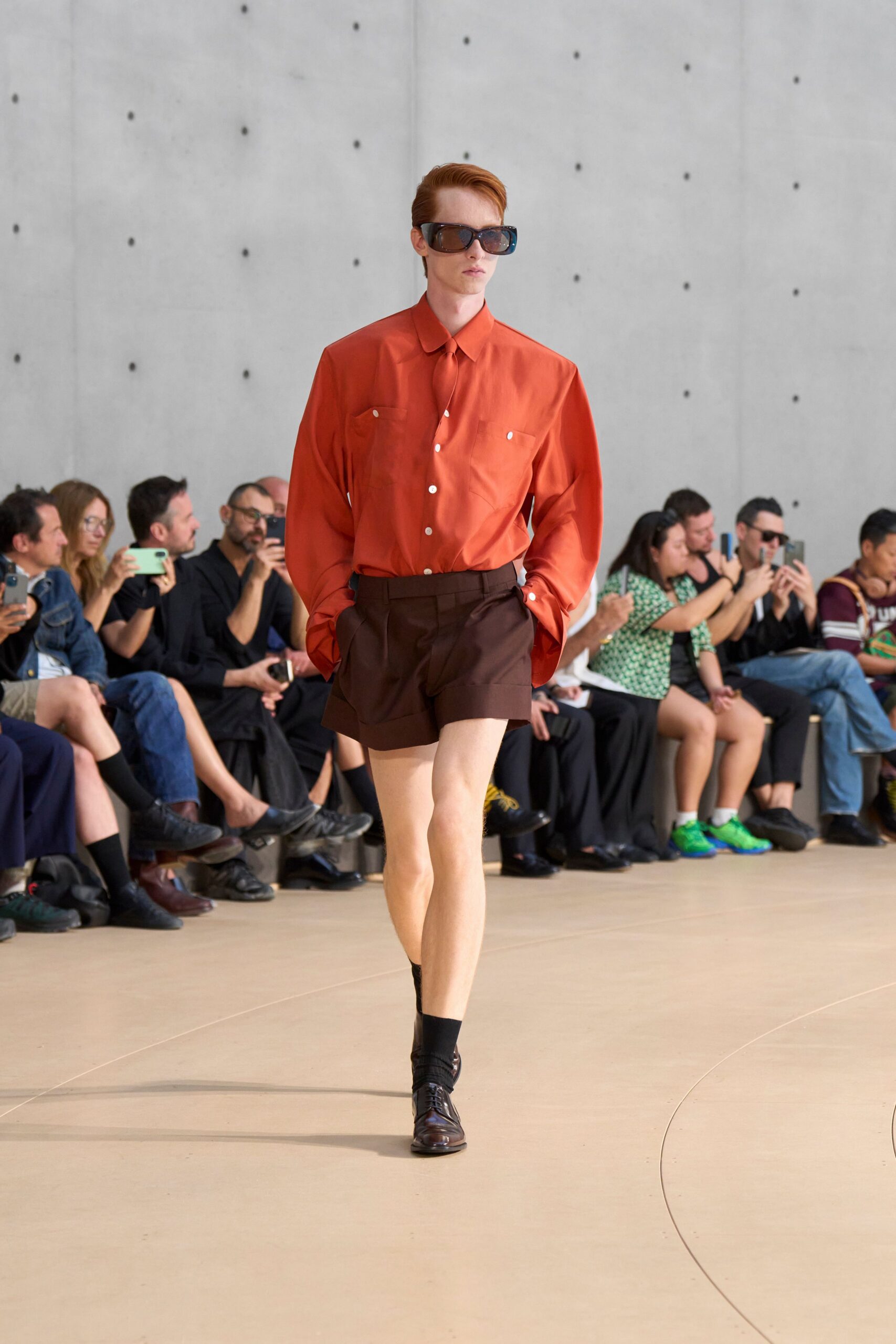 orange long-sleeve collared oversized shirt