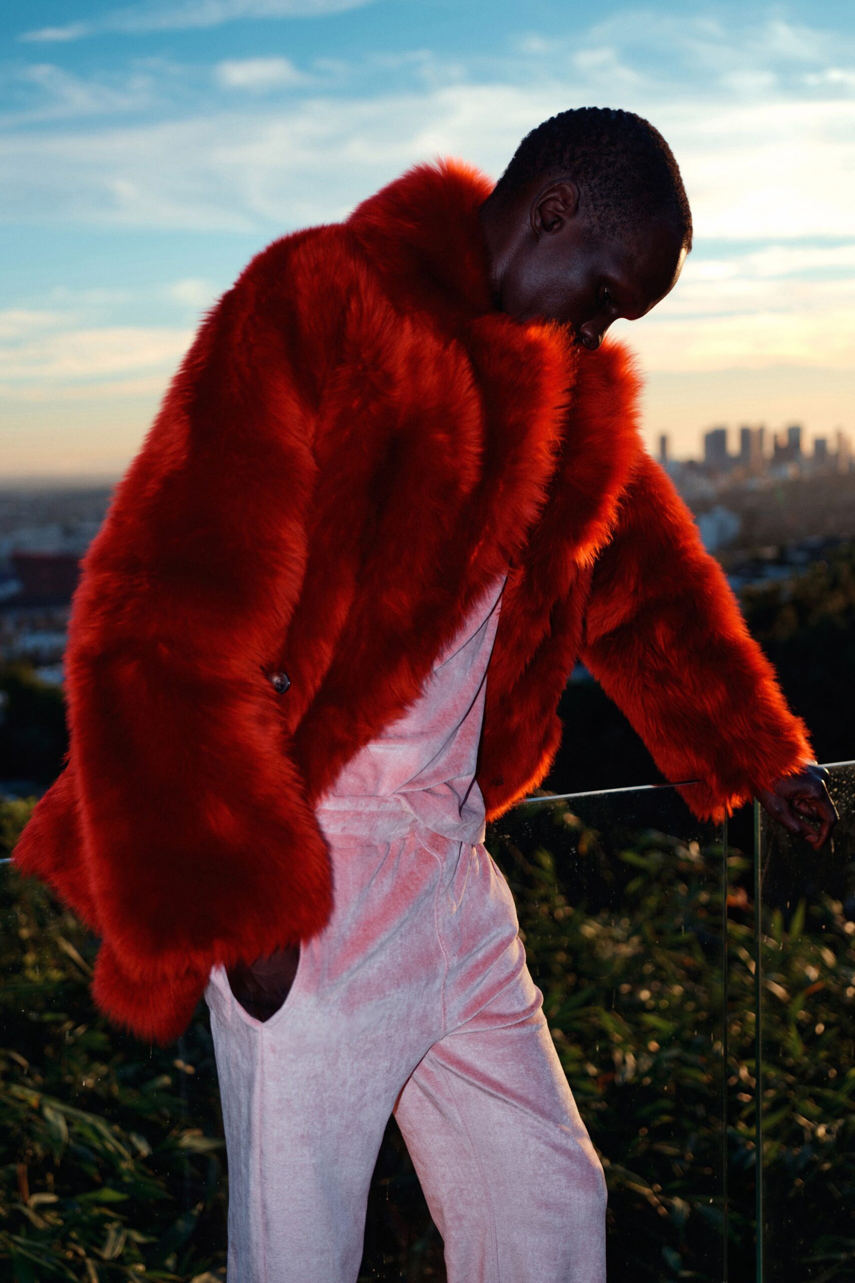 red faux-fur long-sleeve oversized coat