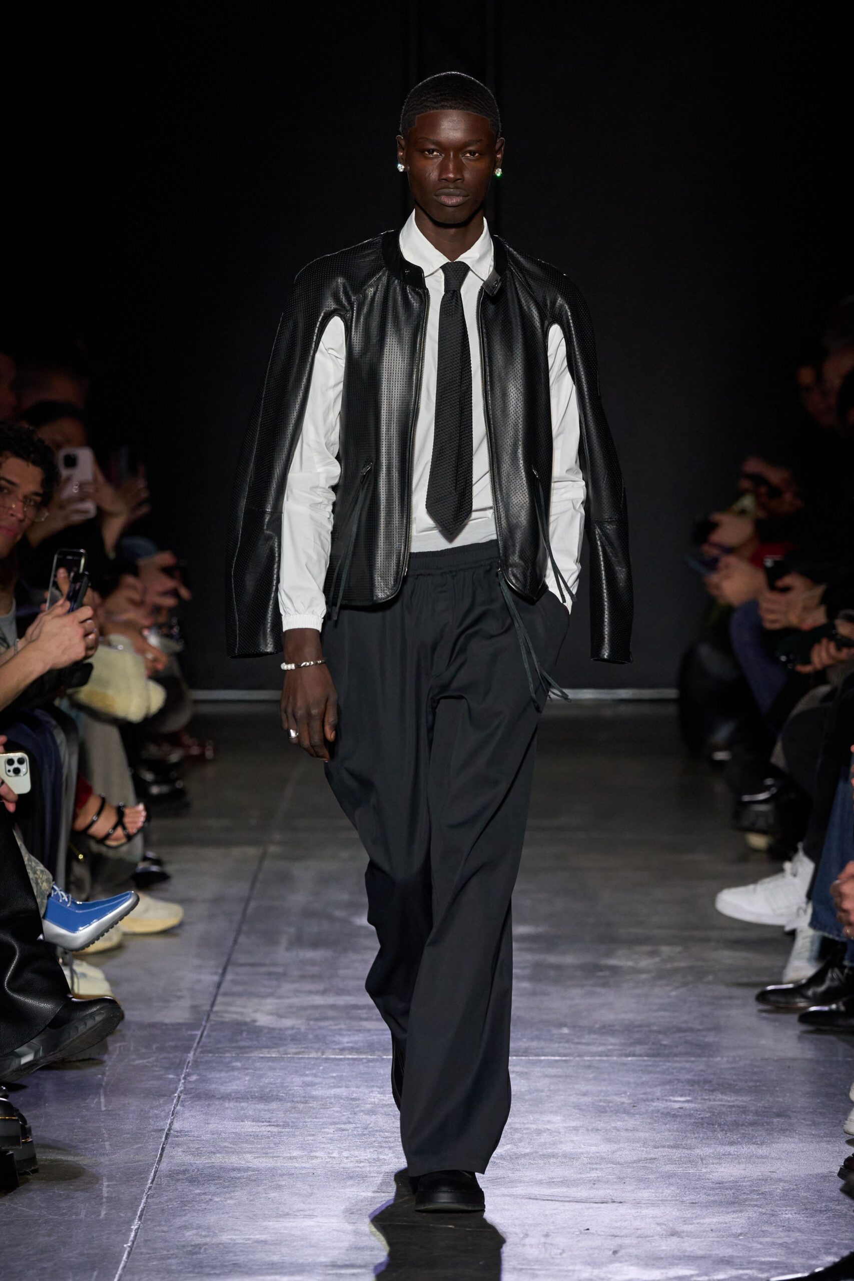 black leather jacket with tie