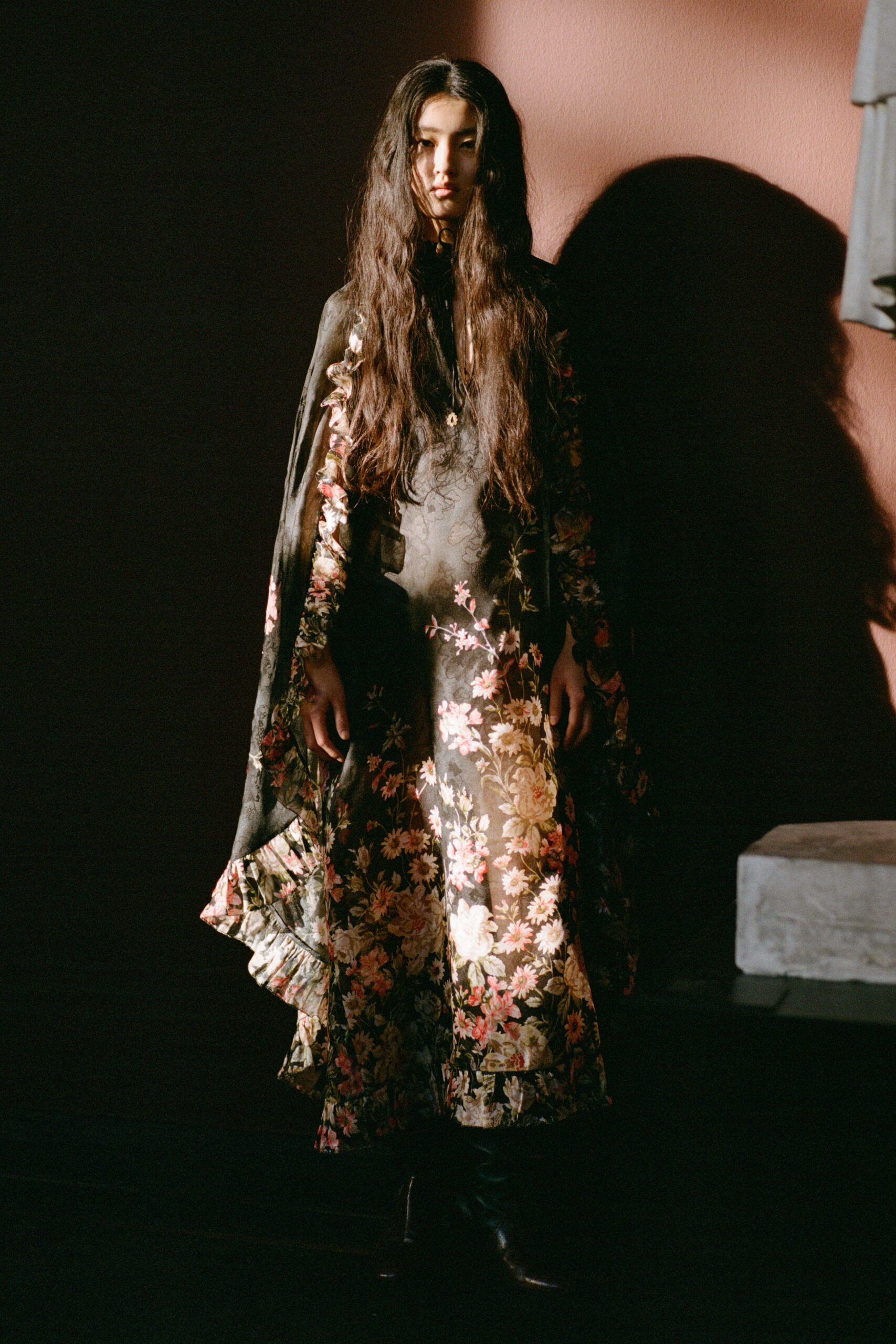 black floral maxi dress with cape