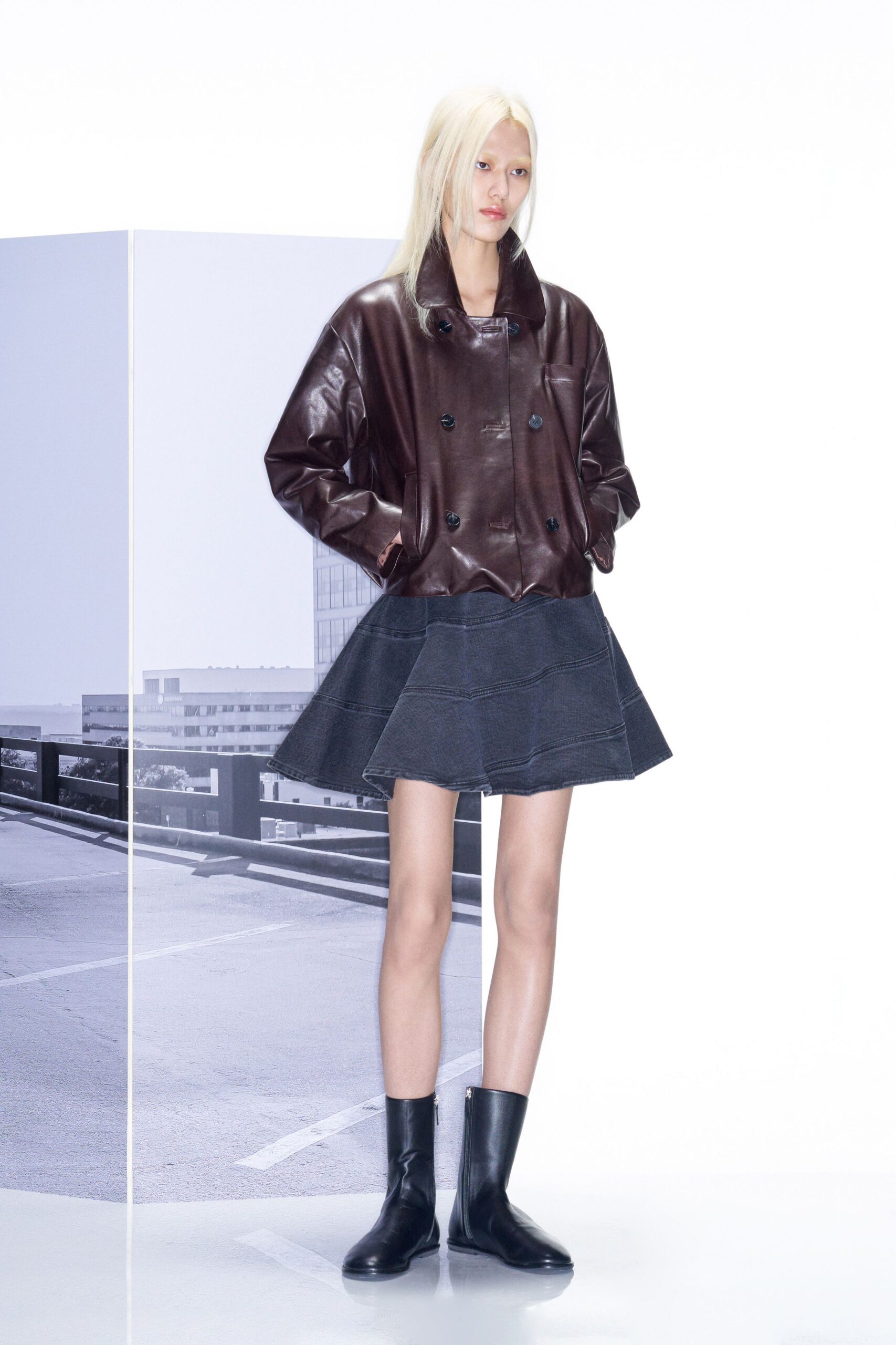 brown leather long-sleeve double-breasted relaxed jacket