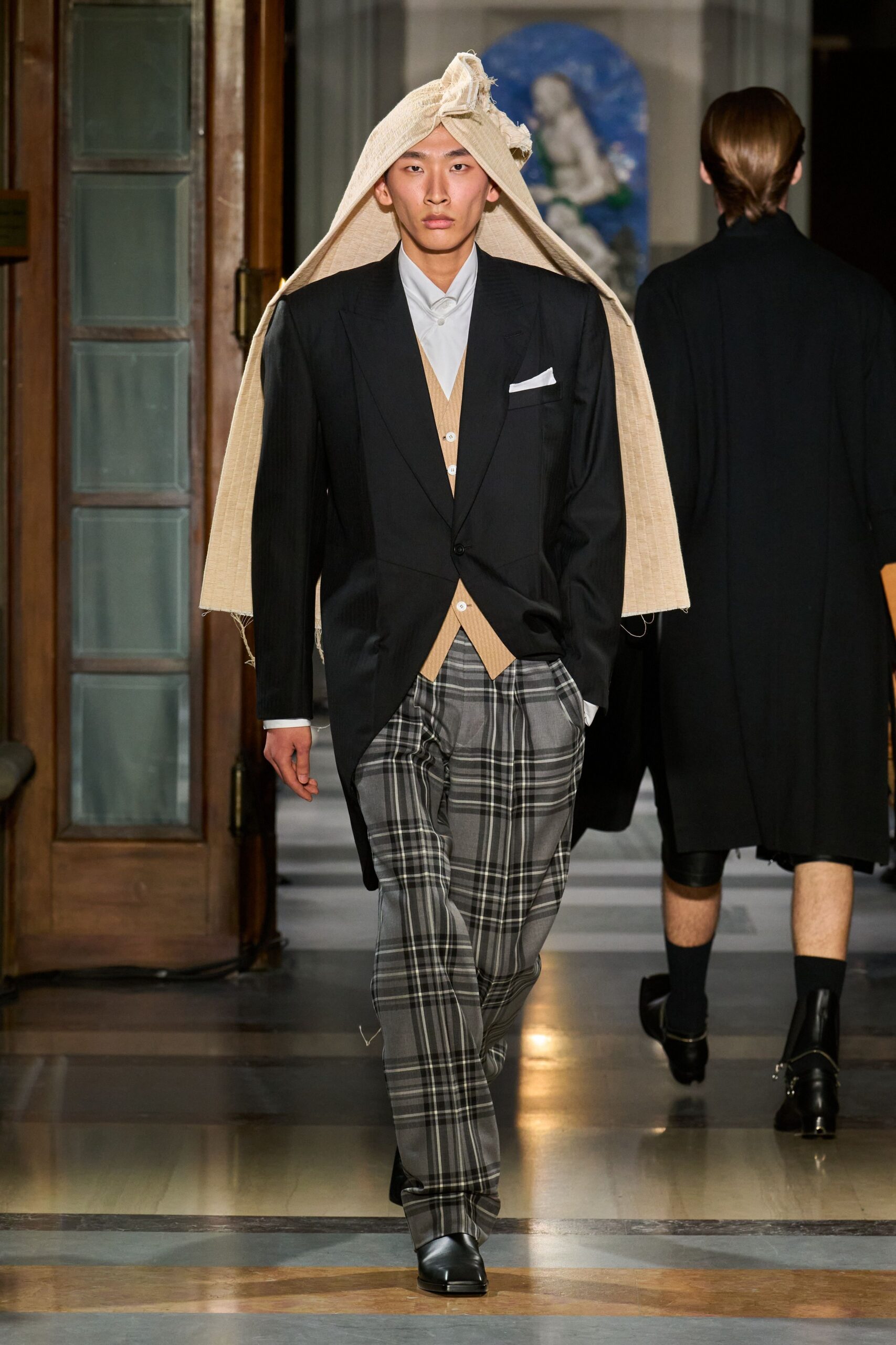 gray wool slim checked pants
