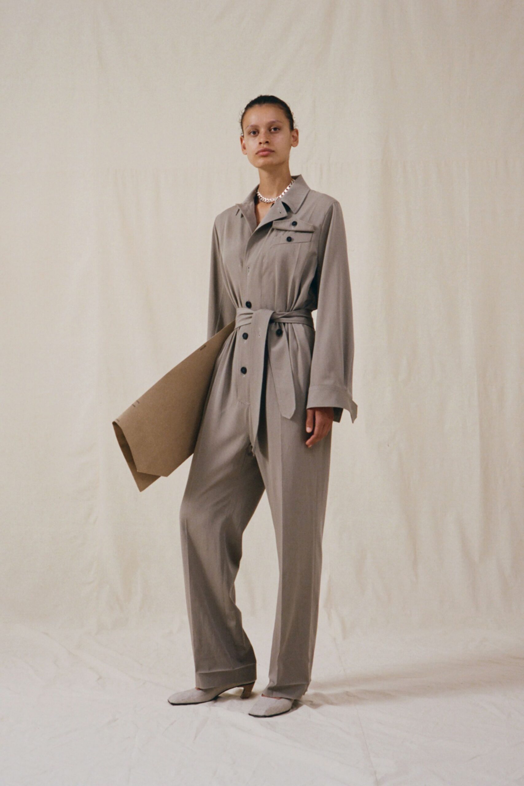 gray cotton long-sleeve collared relaxed zippered belted jumpsuit