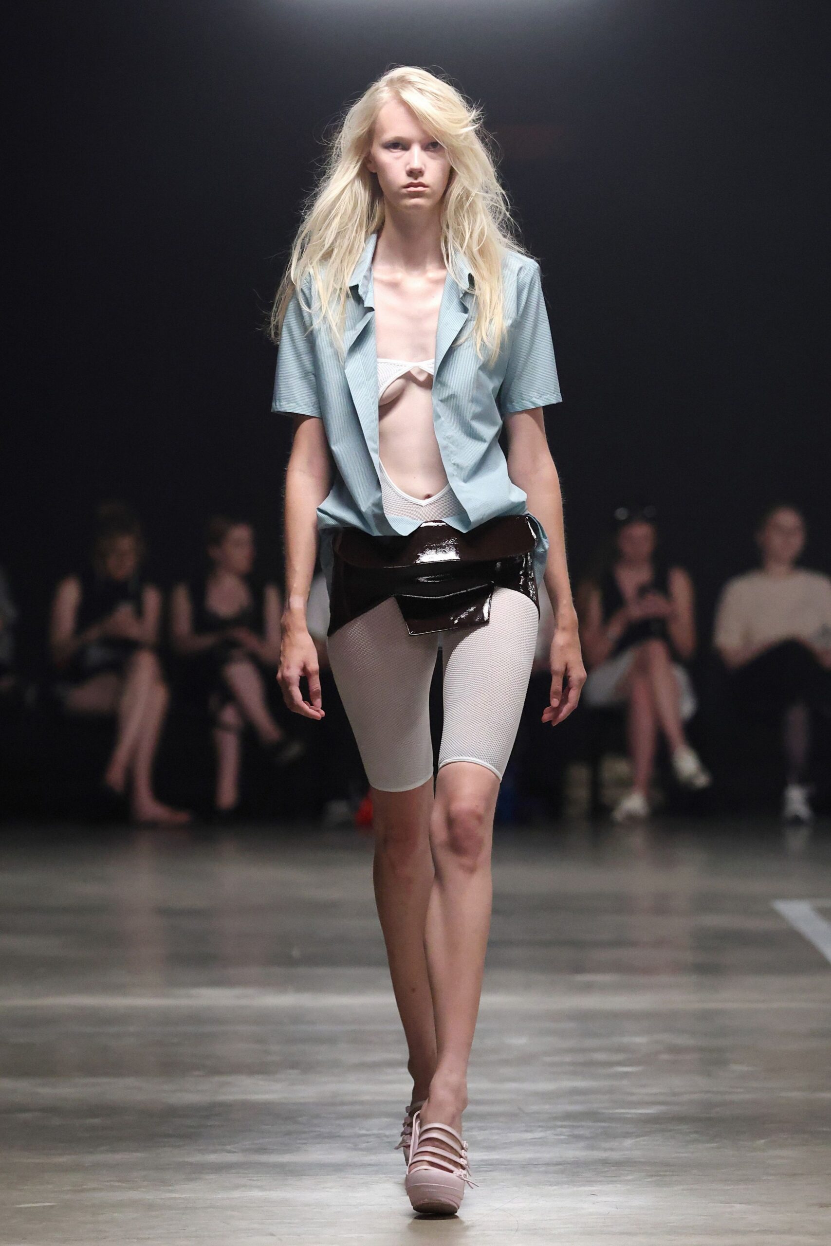blue fitted shirt with bodysuit