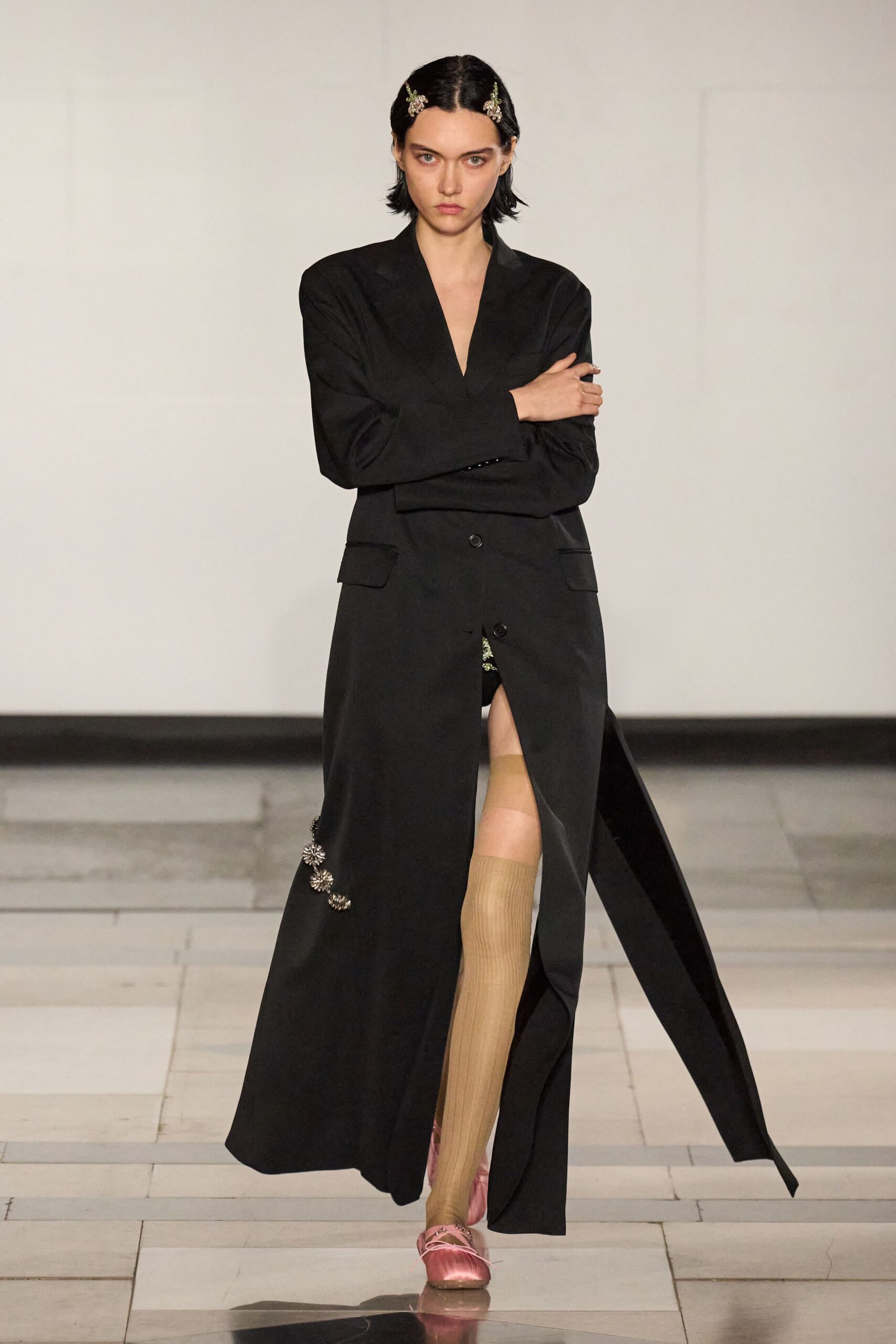 black silk long-sleeve v-neck fitted buttoned maxi coat