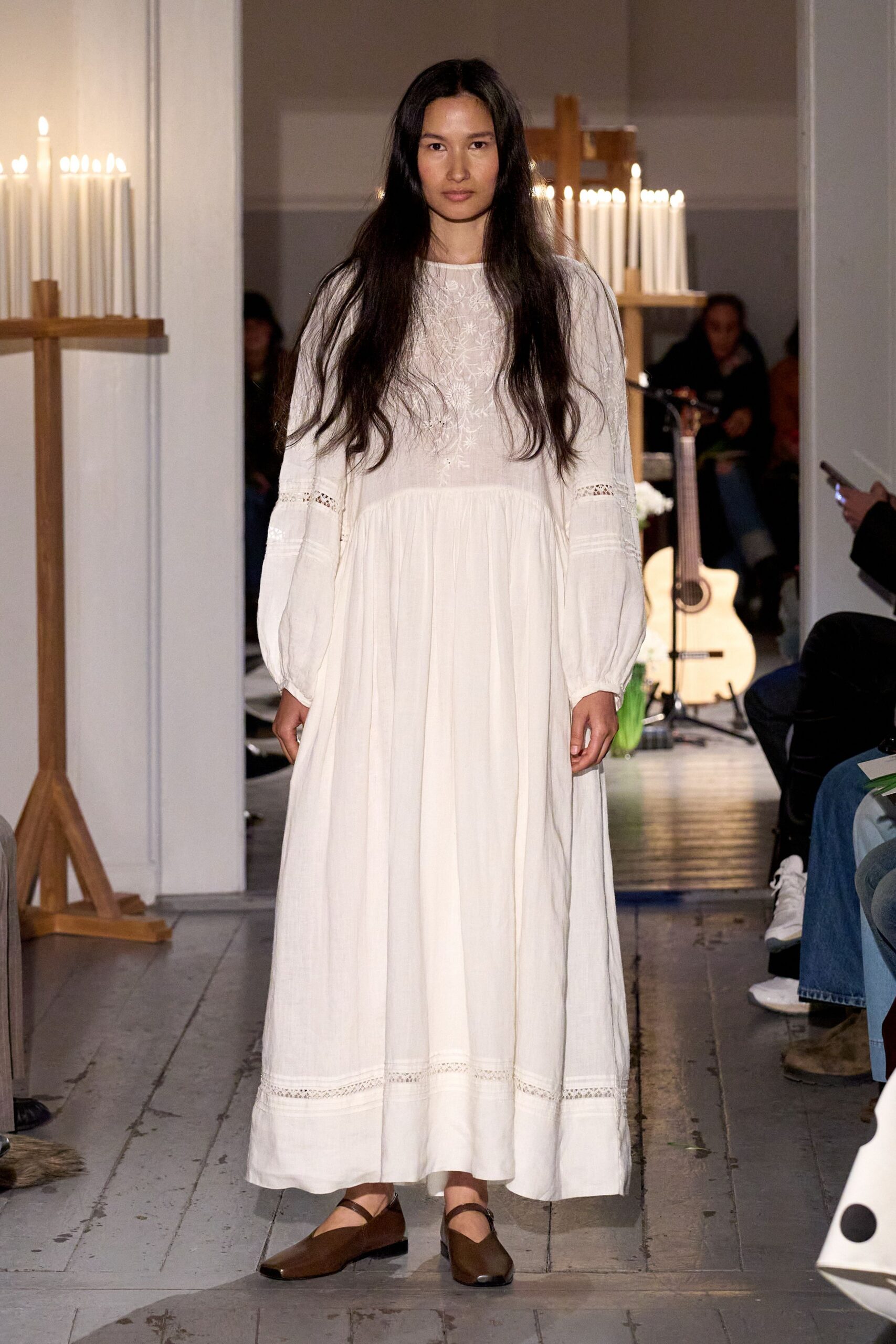 white cotton long-sleeve collared relaxed embroidered tiered dress