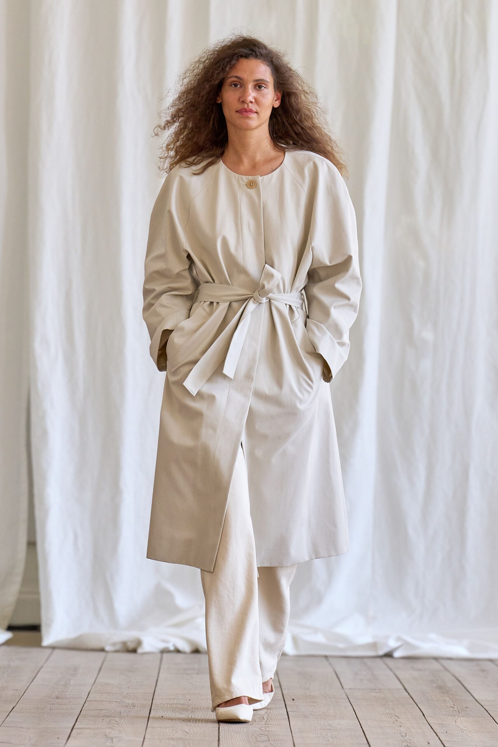 beige cotton long-sleeve collared relaxed belted coat