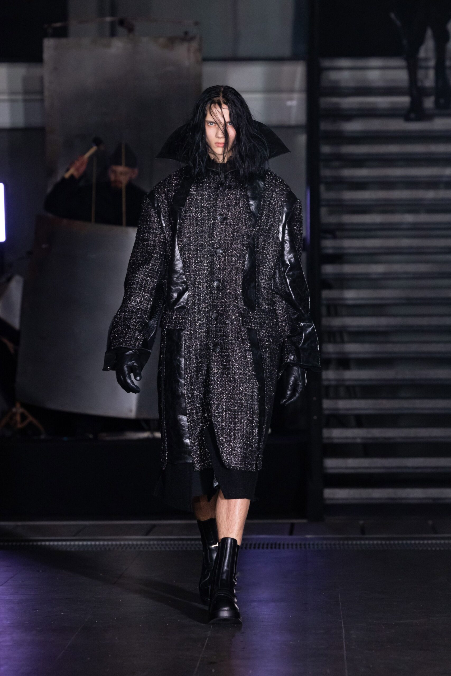 black wool long-sleeve collared oversized buttoned layered coat