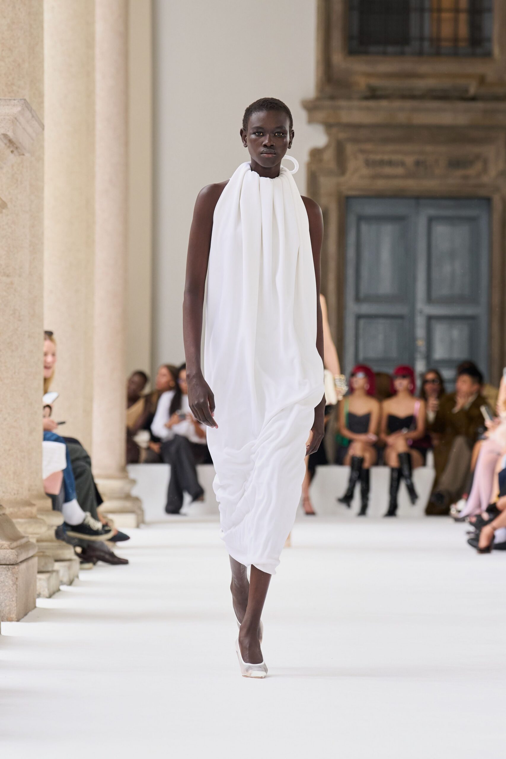 white relaxed draped midi dress