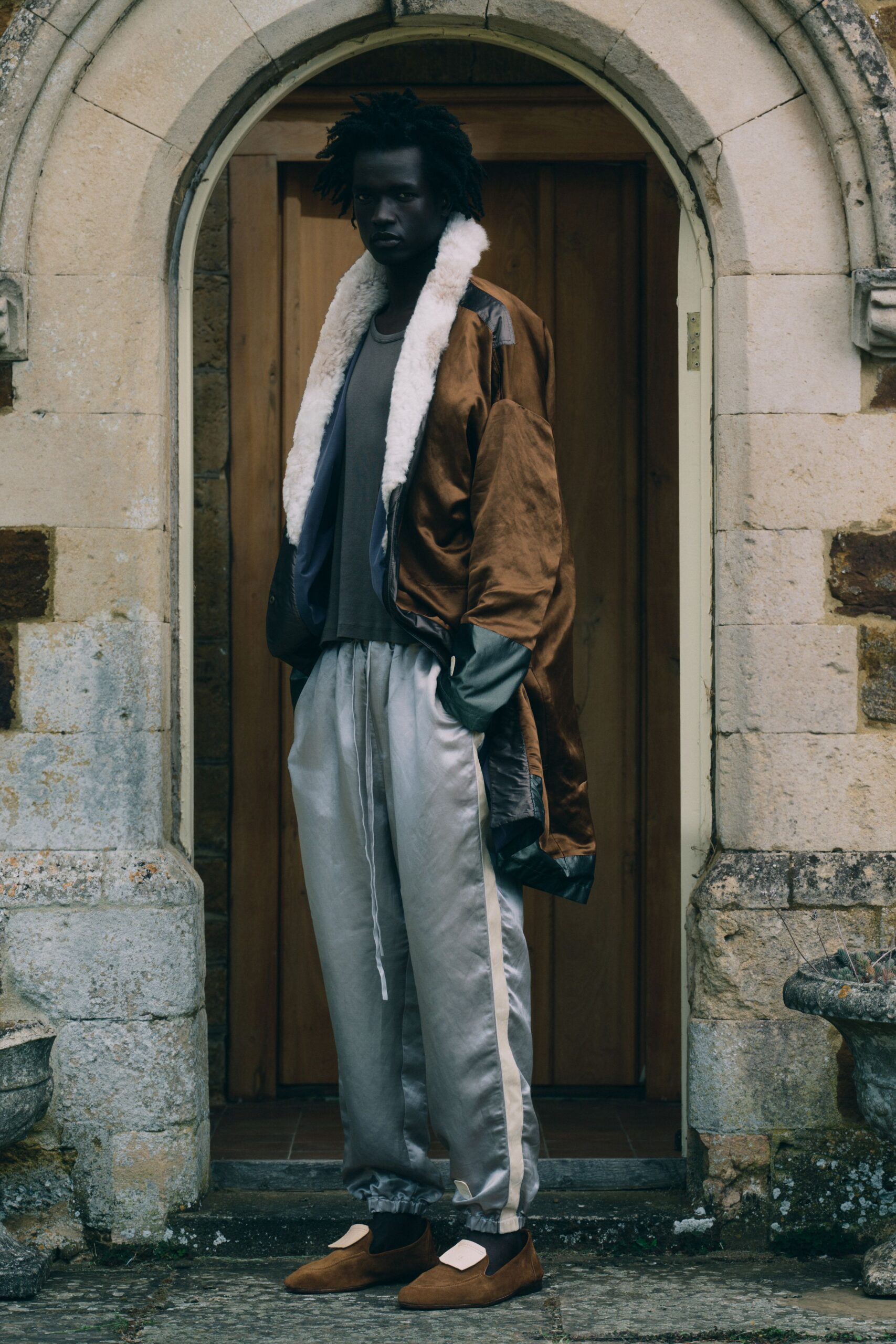 brown silk long-sleeve relaxed zippered jacket