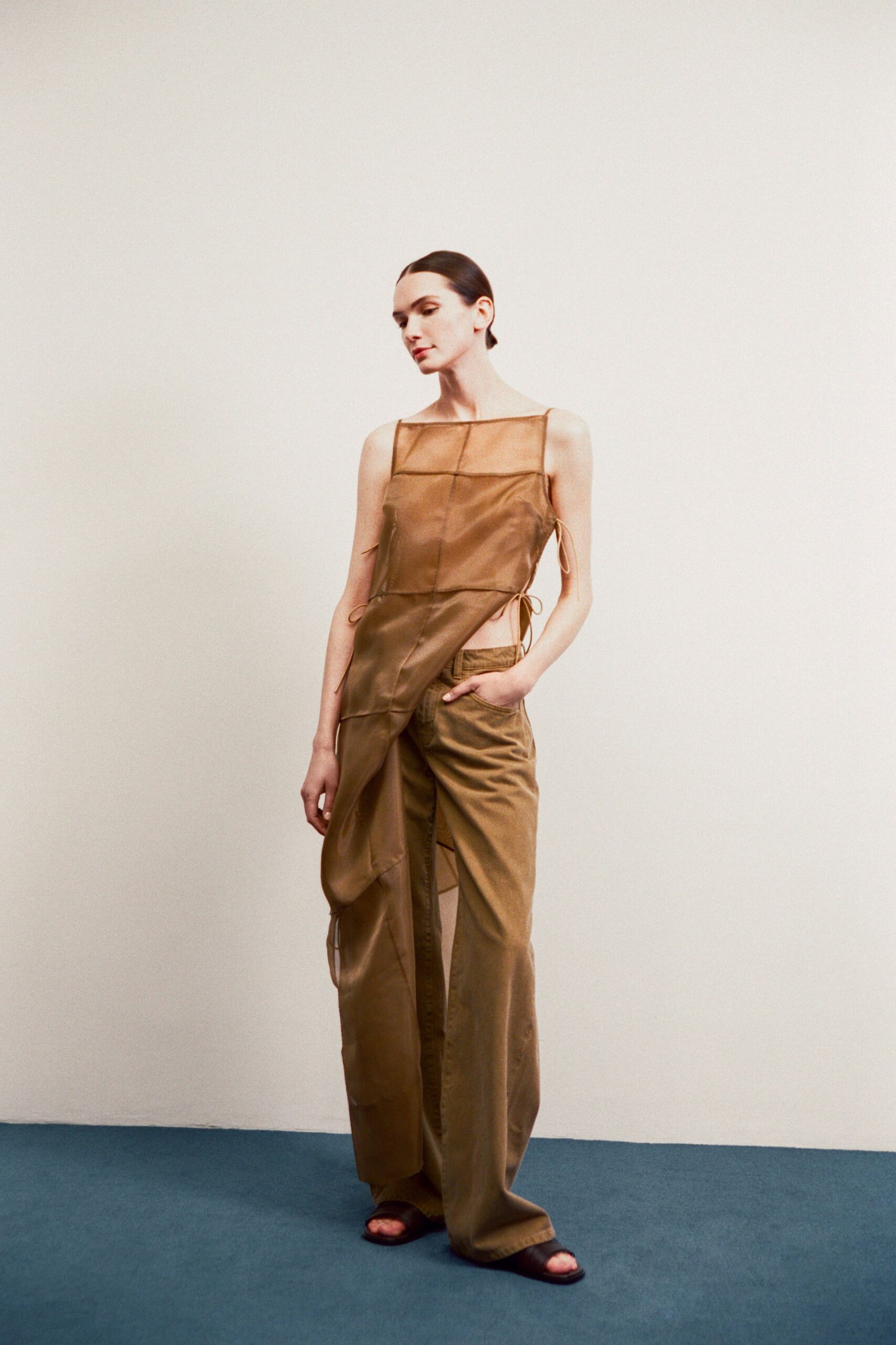 beige silk sleeveless square-neck fitted draped sheer top