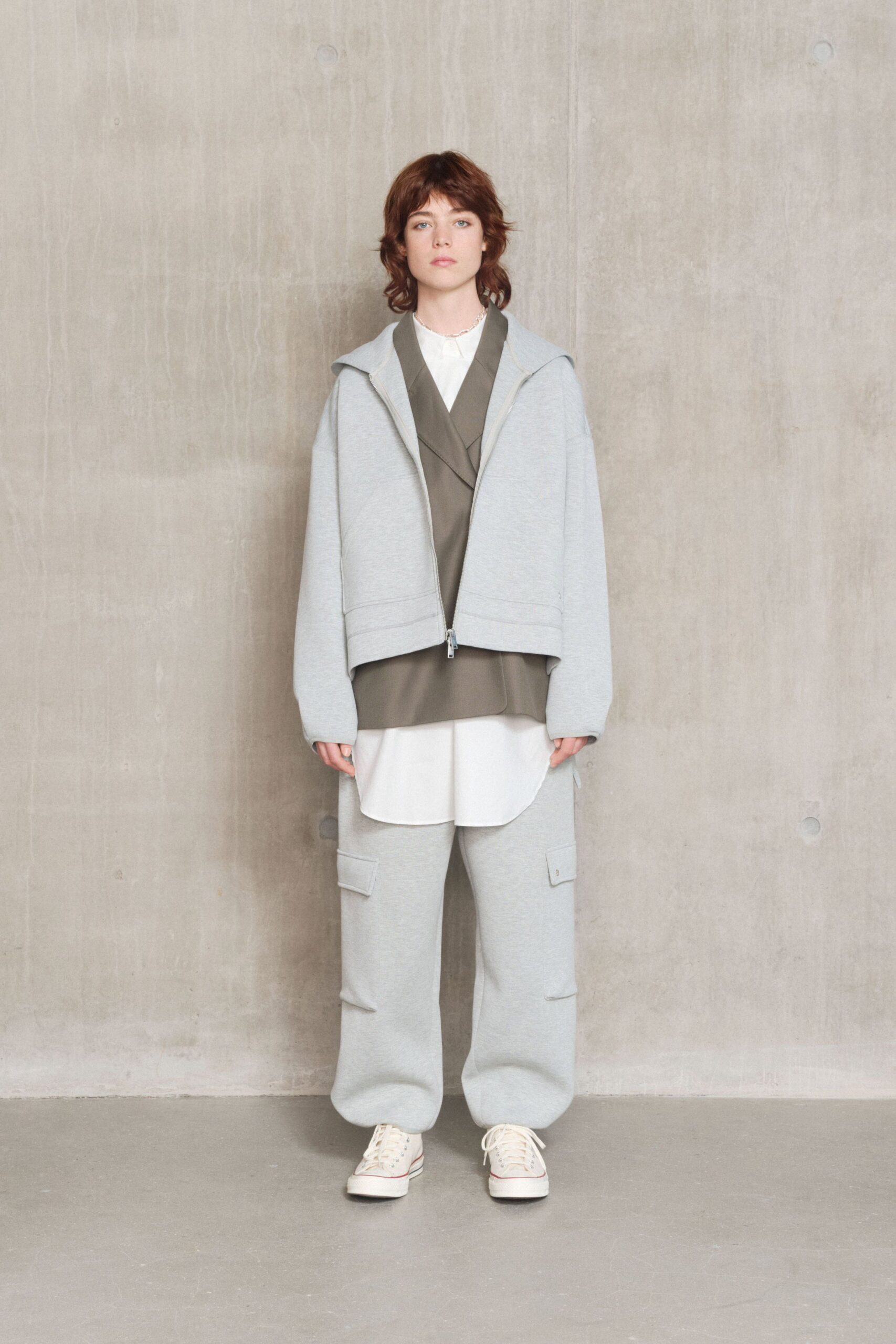 gray cotton long-sleeve hooded oversized jacket
