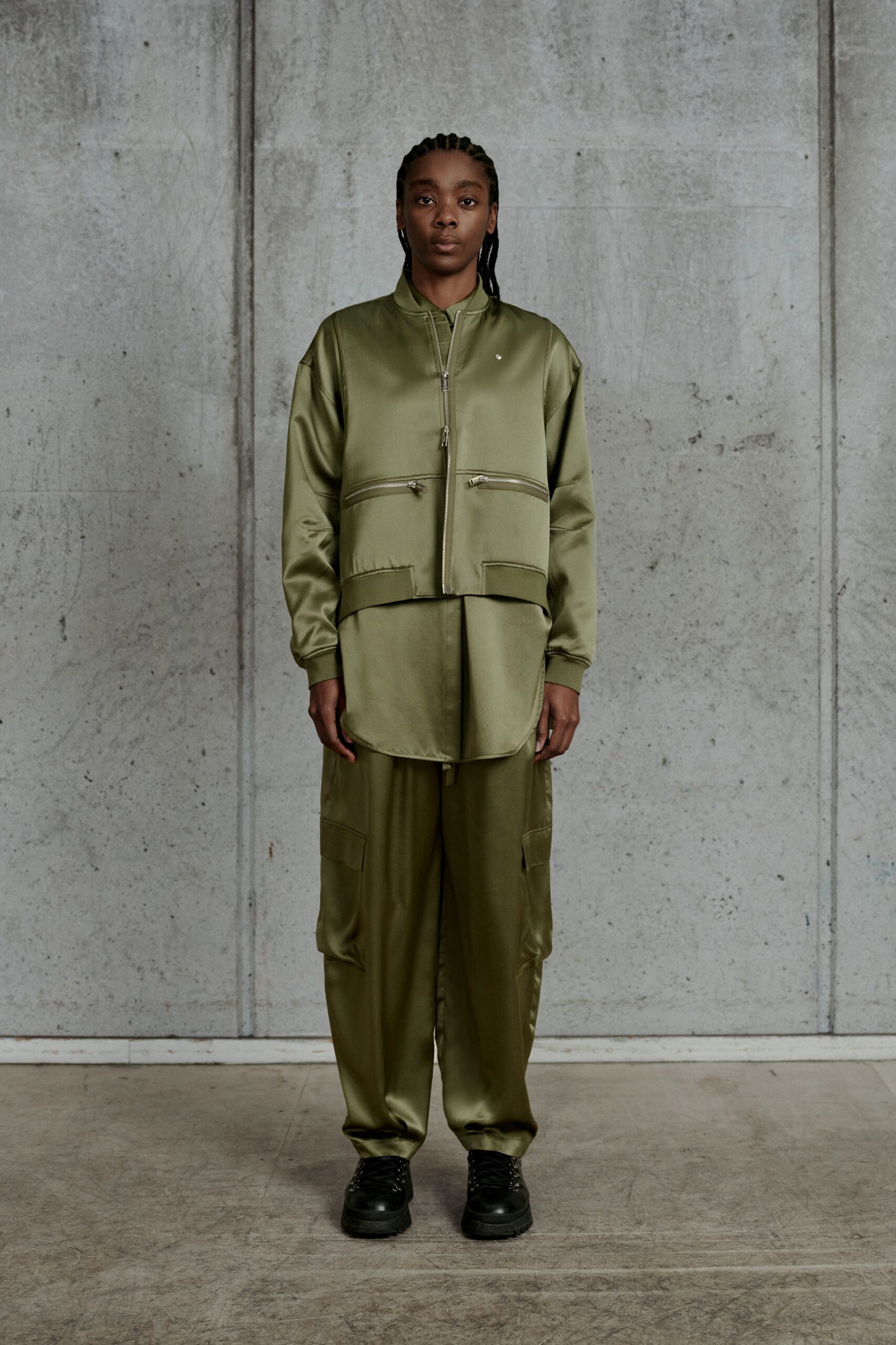 green satin relaxed cargo pants