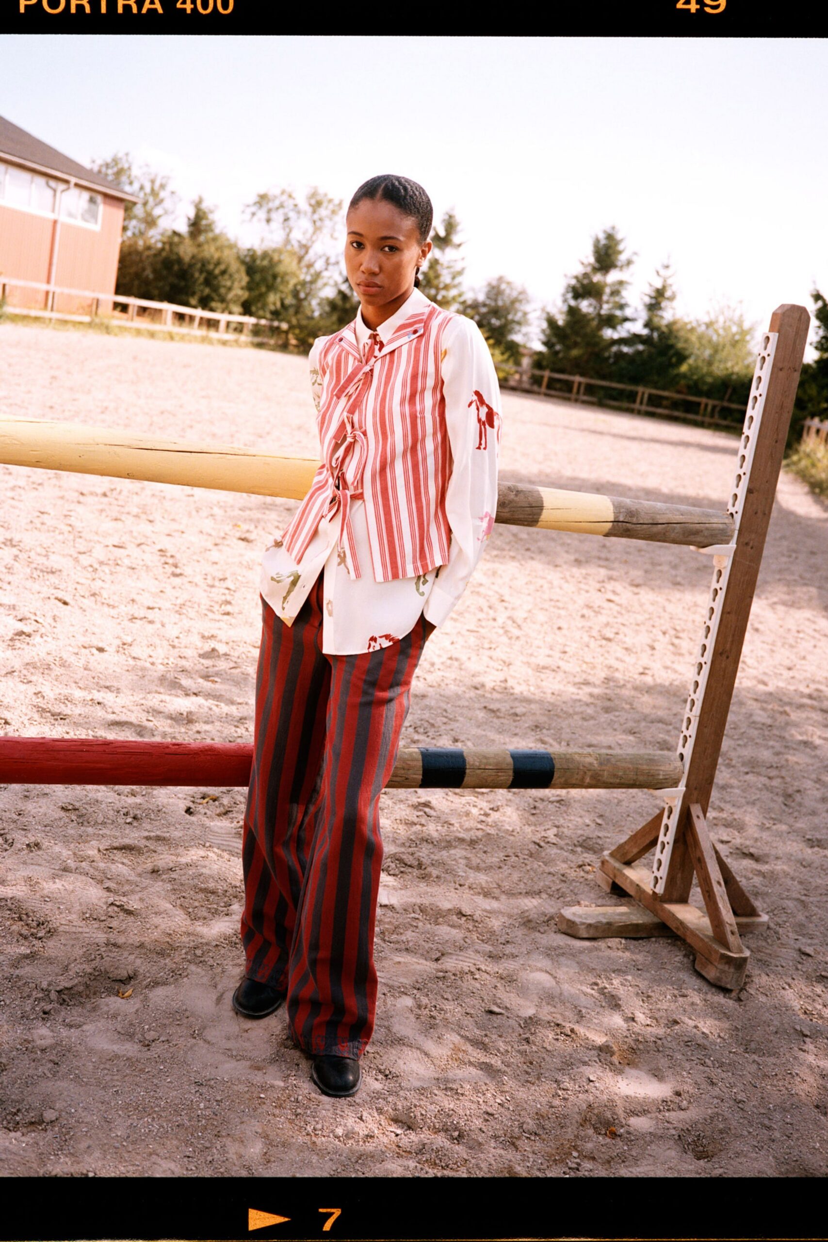 striped shirt and wide-leg pants
