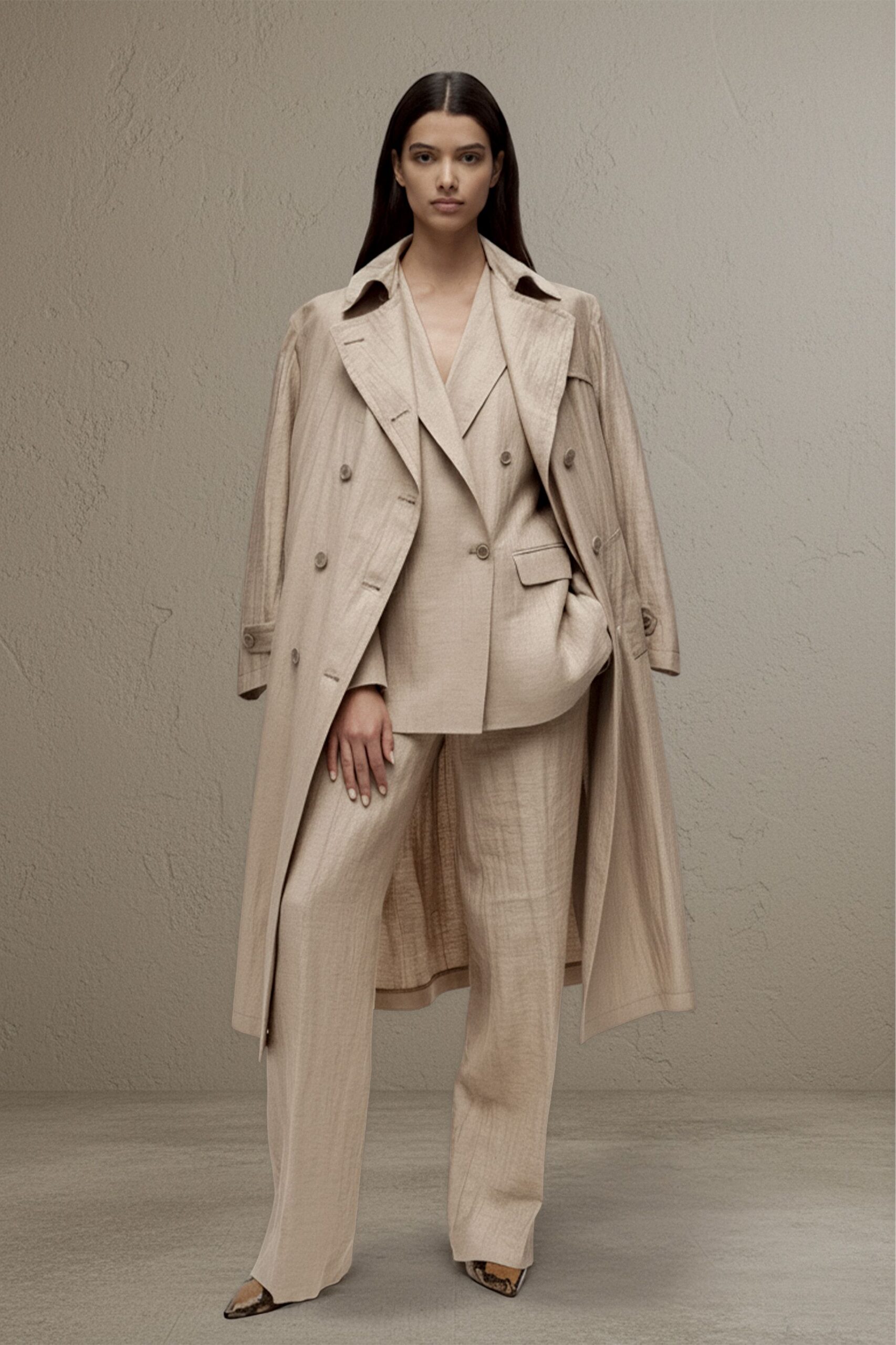 beige linen trench blazer pants