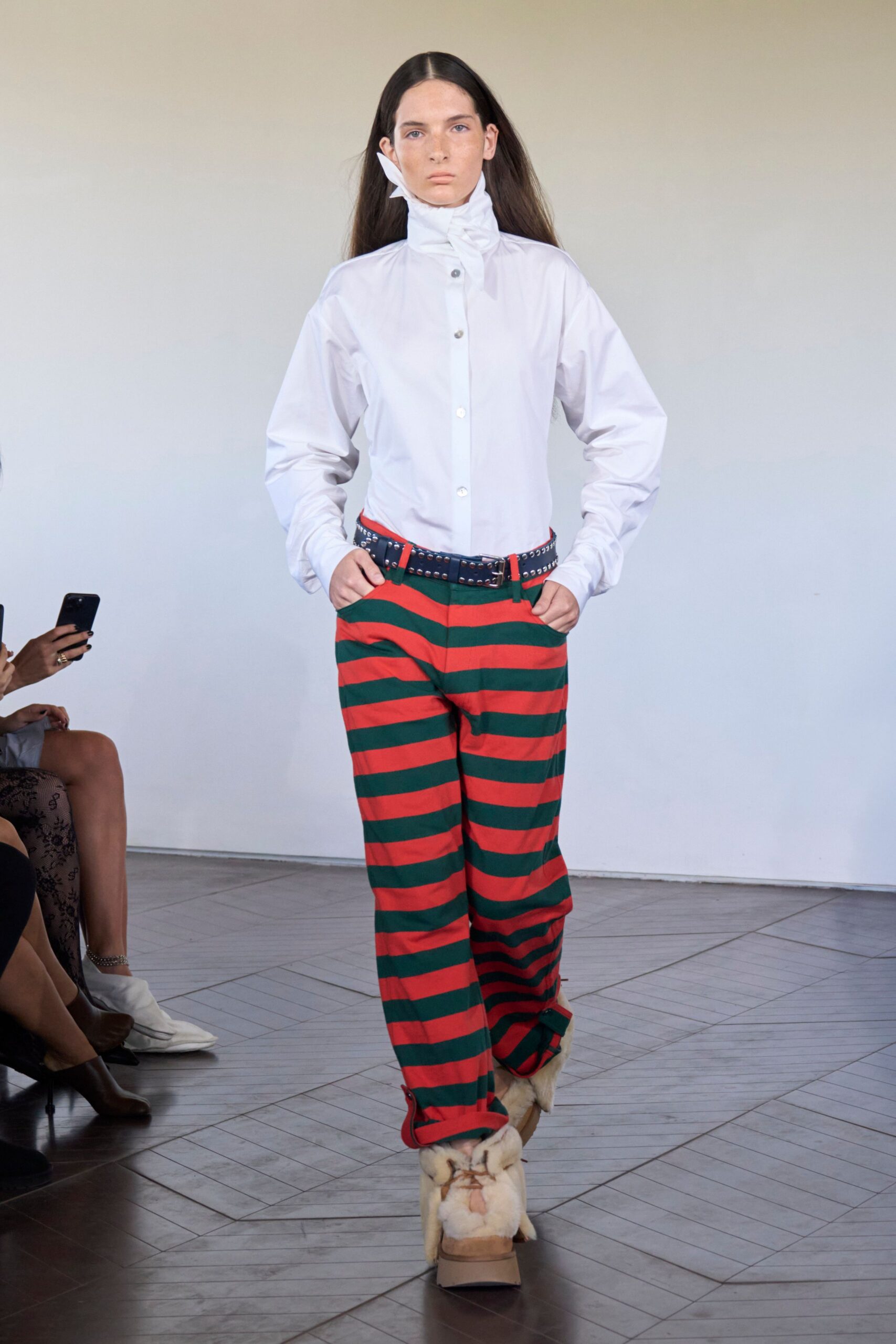 white fitted shirt with striped pants