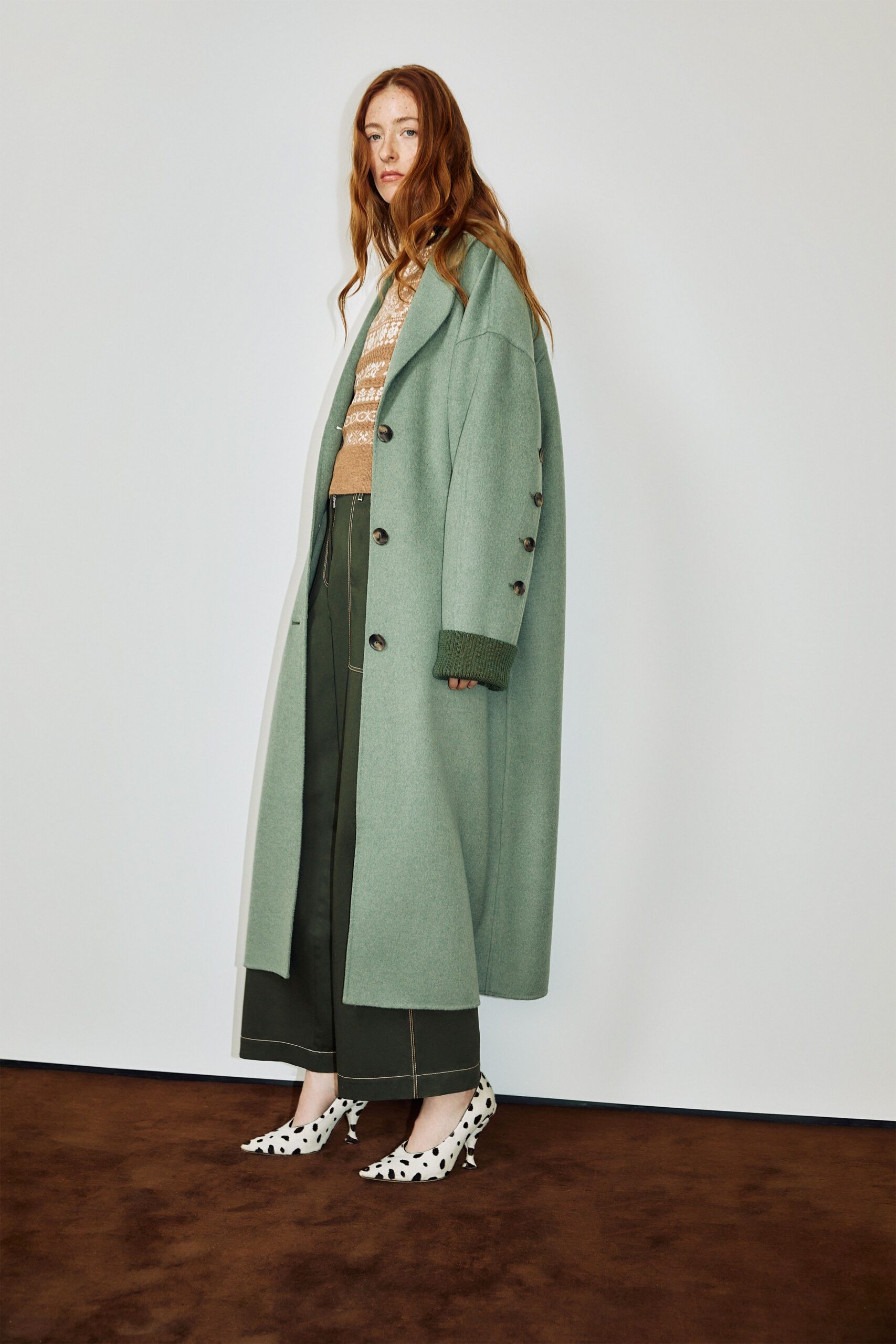 green wool long-sleeve collared relaxed buttoned maxi coat