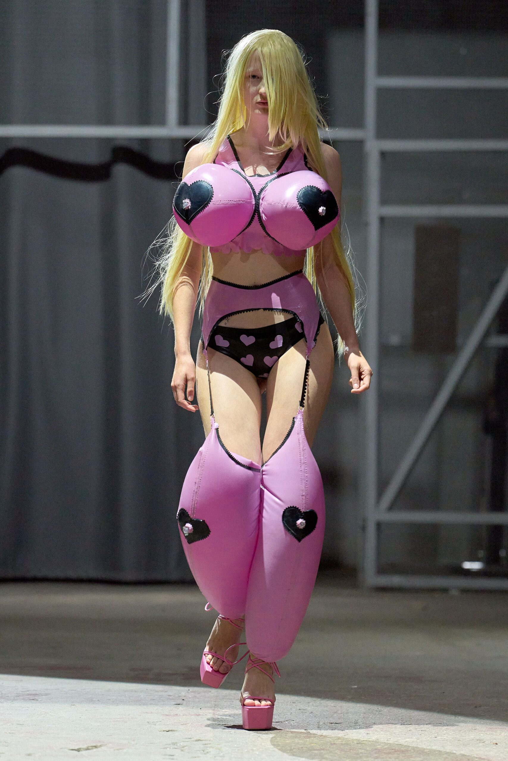 pink vinyl sleeveless low-cut fitted embellished bodysuit