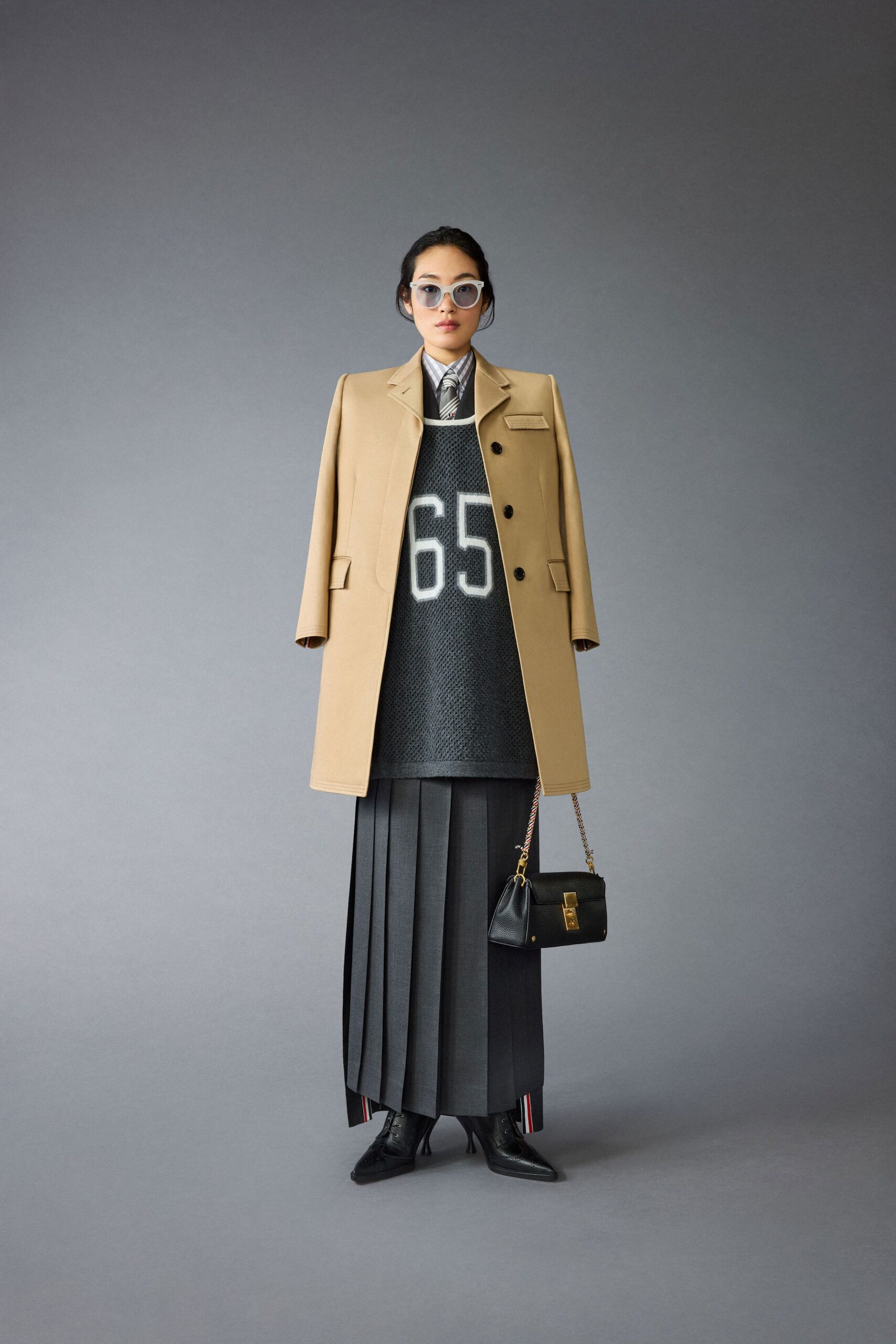 beige wool long-sleeve collared structured buttoned coat