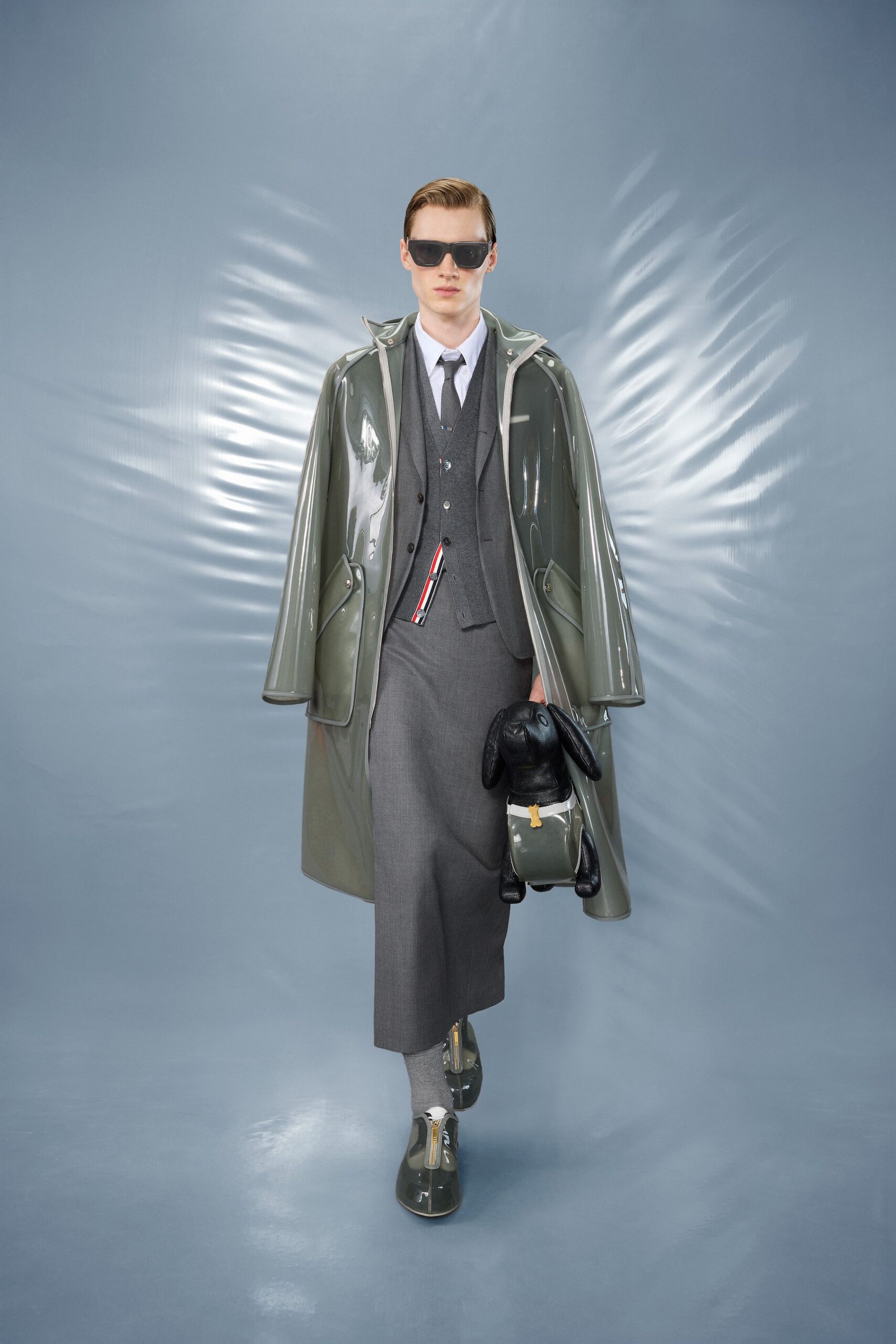 gray vinyl long-sleeve collared relaxed shiny coat